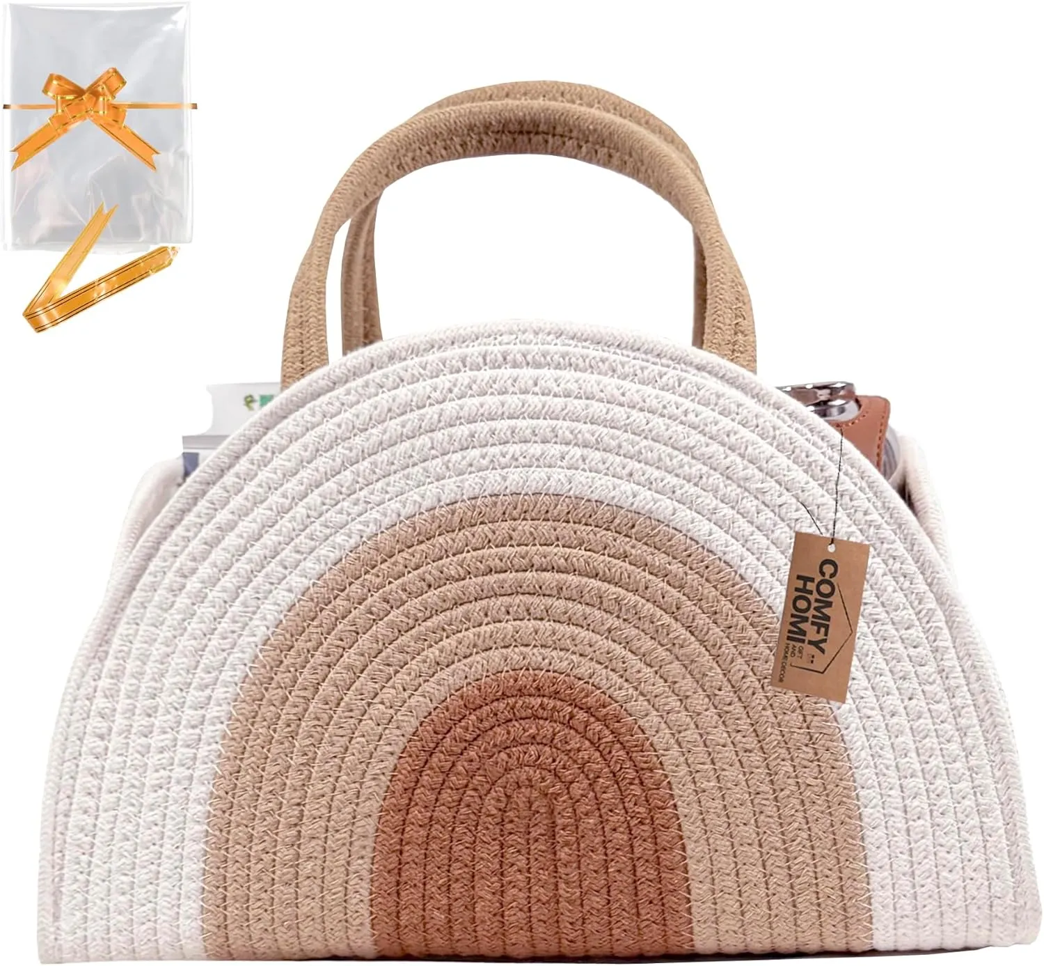 COMFY HOMI Diaper Caddy Organizer with Gift Bags and Ribbons - Sturdy Cotton Rope Basket for Baby Girl & Boy Newborn Essentials, Large Baby Gift Bag, Nursery Storage Caddy with Handles (white Brown)