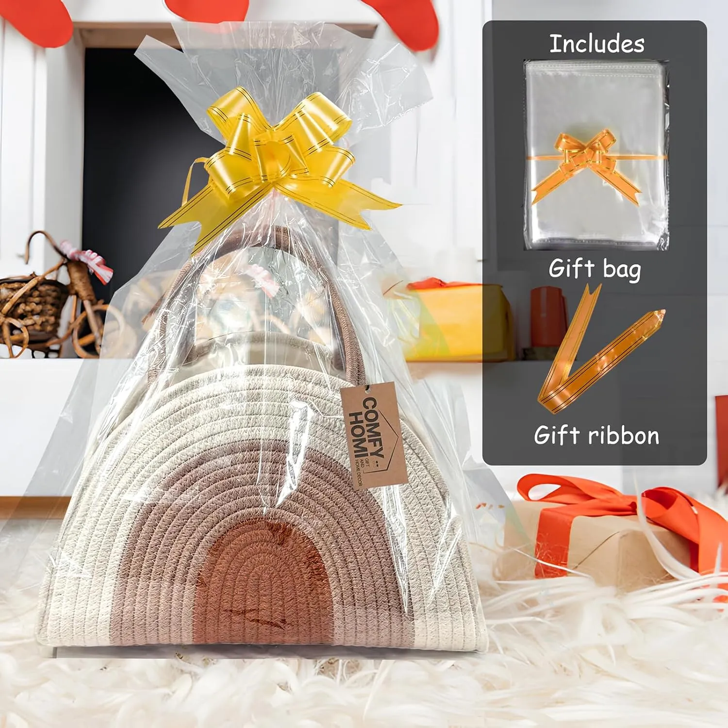 COMFY HOMI Diaper Caddy Organizer with Gift Bags and Ribbons - Sturdy Cotton Rope Basket for Baby Girl & Boy Newborn Essentials, Large Baby Gift Bag, Nursery Storage Caddy with Handles (white Brown)