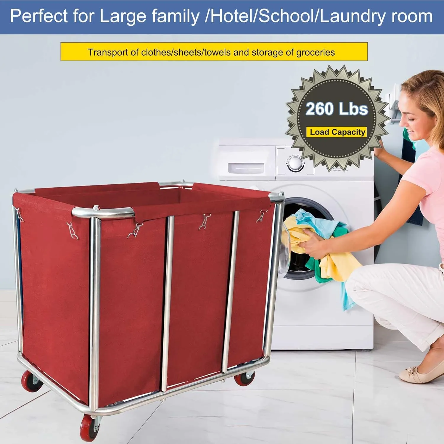 Commercial Laundry Cart with Wheels,11.5 Bushel Large Laundry Cart,Heavy Duty Stainless Steel Commercial Laundry Hampers Laundry Basket with Waterproof Lining,260 Lbs Load