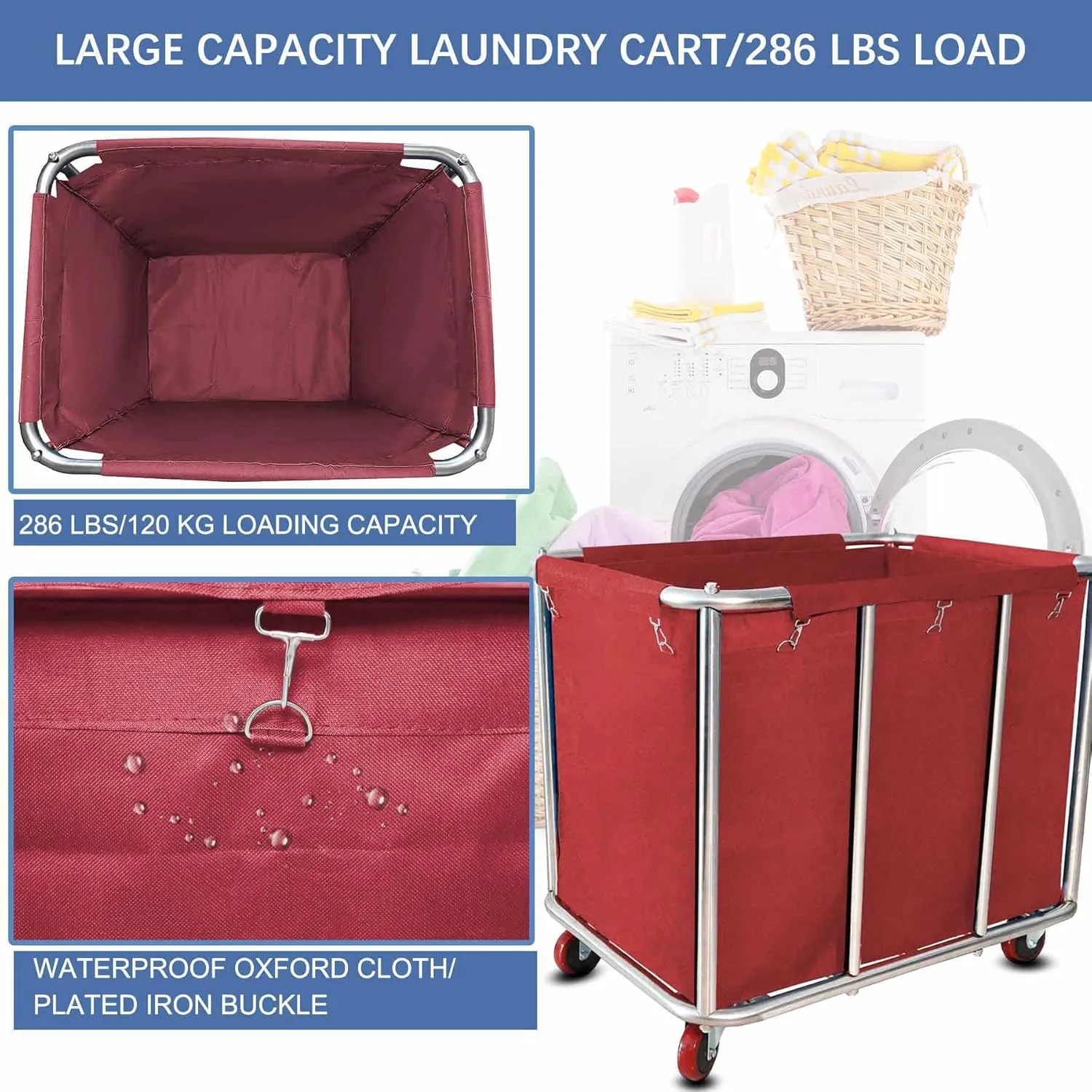 Commercial Laundry Cart with Wheels,11.5 Bushel Large Laundry Cart,Heavy Duty Stainless Steel Commercial Laundry Hampers Laundry Basket with Waterproof Lining,260 Lbs Load