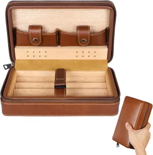 Compact Leather Humidor For 4 Cigars, Cedar Wood Lined Portable Cigar Bag With Zipper, Travel Cigar Humidor Case For Cigars & Accessories