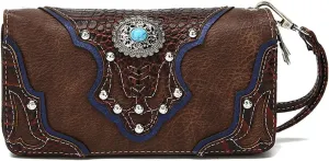 Conchos Studded Crocodile Laser Cut Cowgirl Western Purse Women Wristlet Wallet