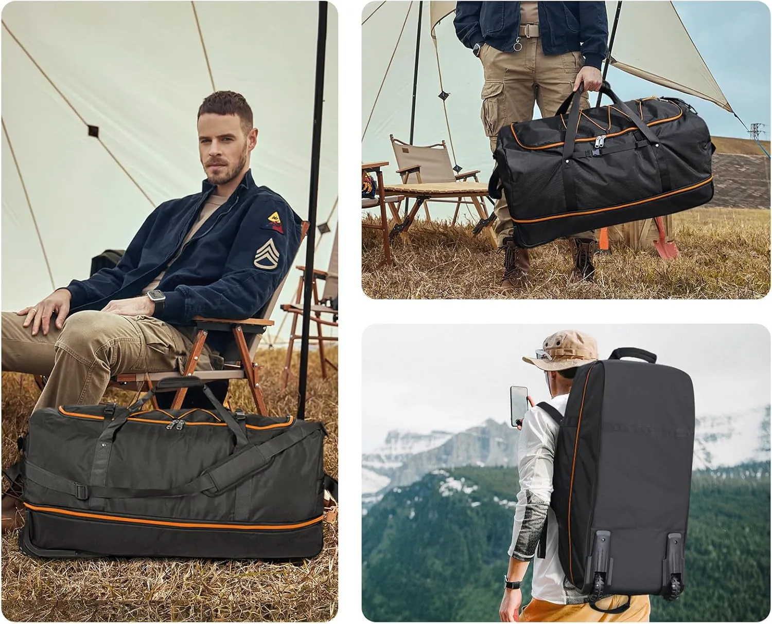 CONTAIL 32" Soft-Sided Rolling Duffle Bag with 2 Wheels,Expandable from 110L to 140L,Foldable Travel Duffel with Multiple Compartments,Black-orange
