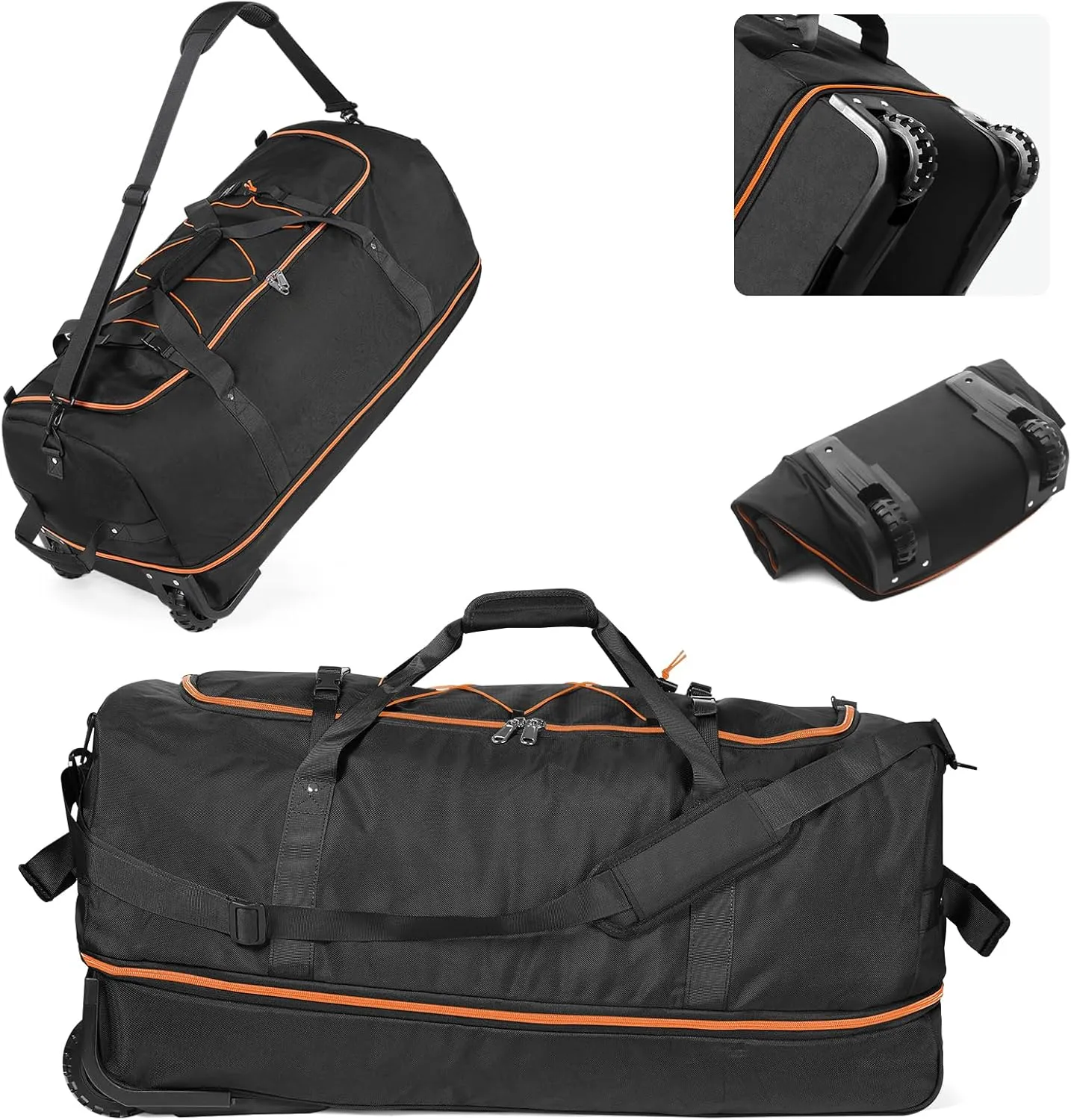 CONTAIL 32" Soft-Sided Rolling Duffle Bag with 2 Wheels,Expandable from 110L to 140L,Foldable Travel Duffel with Multiple Compartments,Black-orange