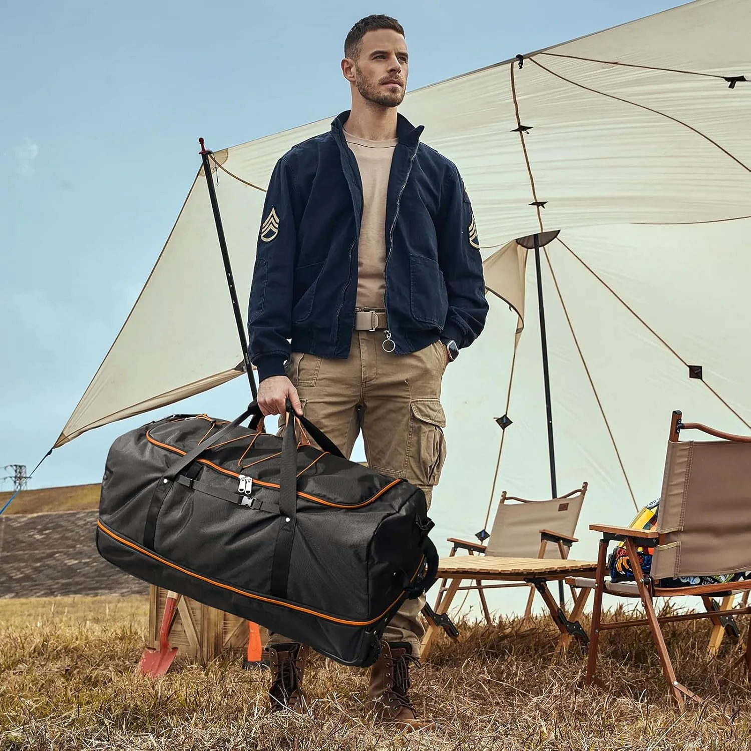 CONTAIL 32" Soft-Sided Rolling Duffle Bag with 2 Wheels,Expandable from 110L to 140L,Foldable Travel Duffel with Multiple Compartments,Black-orange