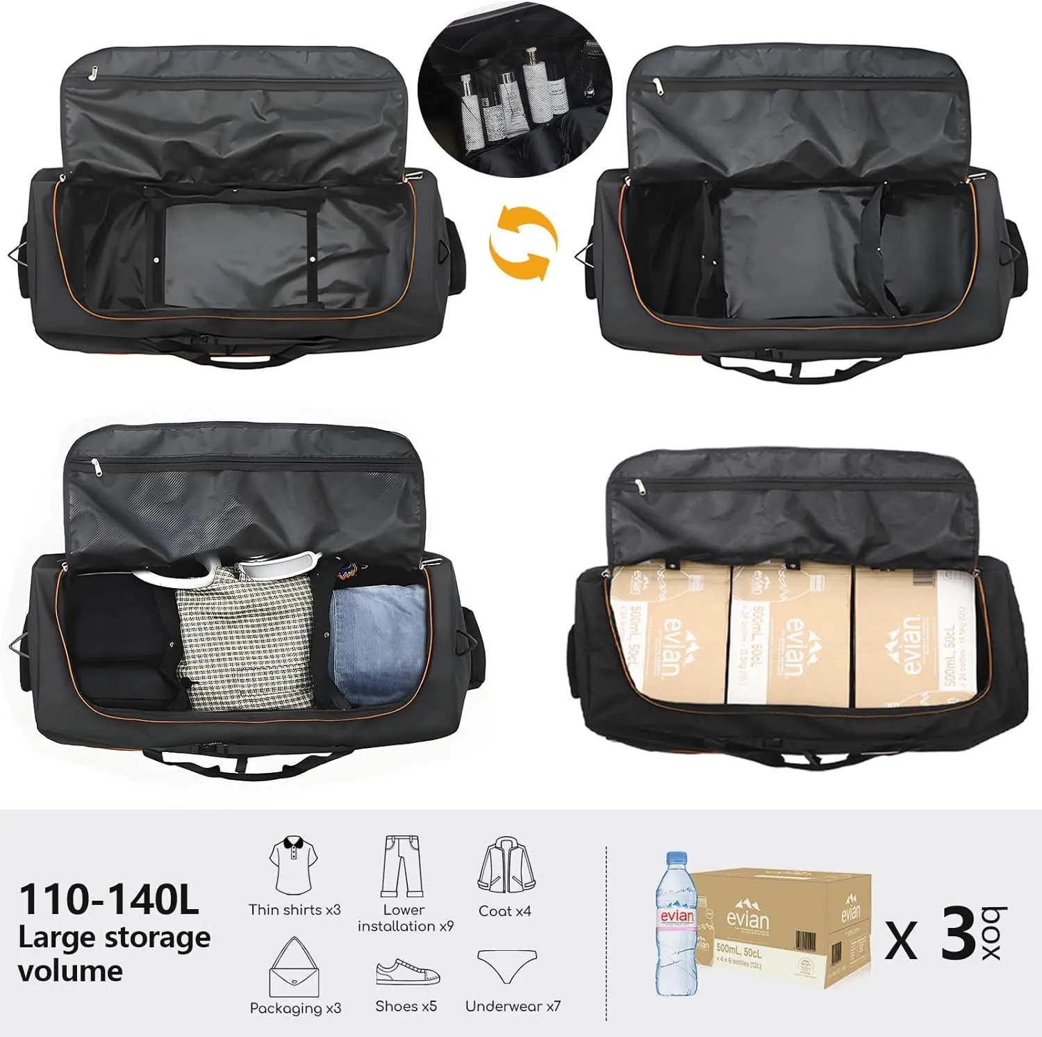 CONTAIL 32" Soft-Sided Rolling Duffle Bag with 2 Wheels,Expandable from 110L to 140L,Foldable Travel Duffel with Multiple Compartments,Black-orange