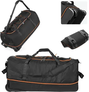 CONTAIL 32" Soft-Sided Rolling Duffle Bag with 2 Wheels,Expandable from 110L to 140L,Foldable Travel Duffel with Multiple Compartments,Black-orange