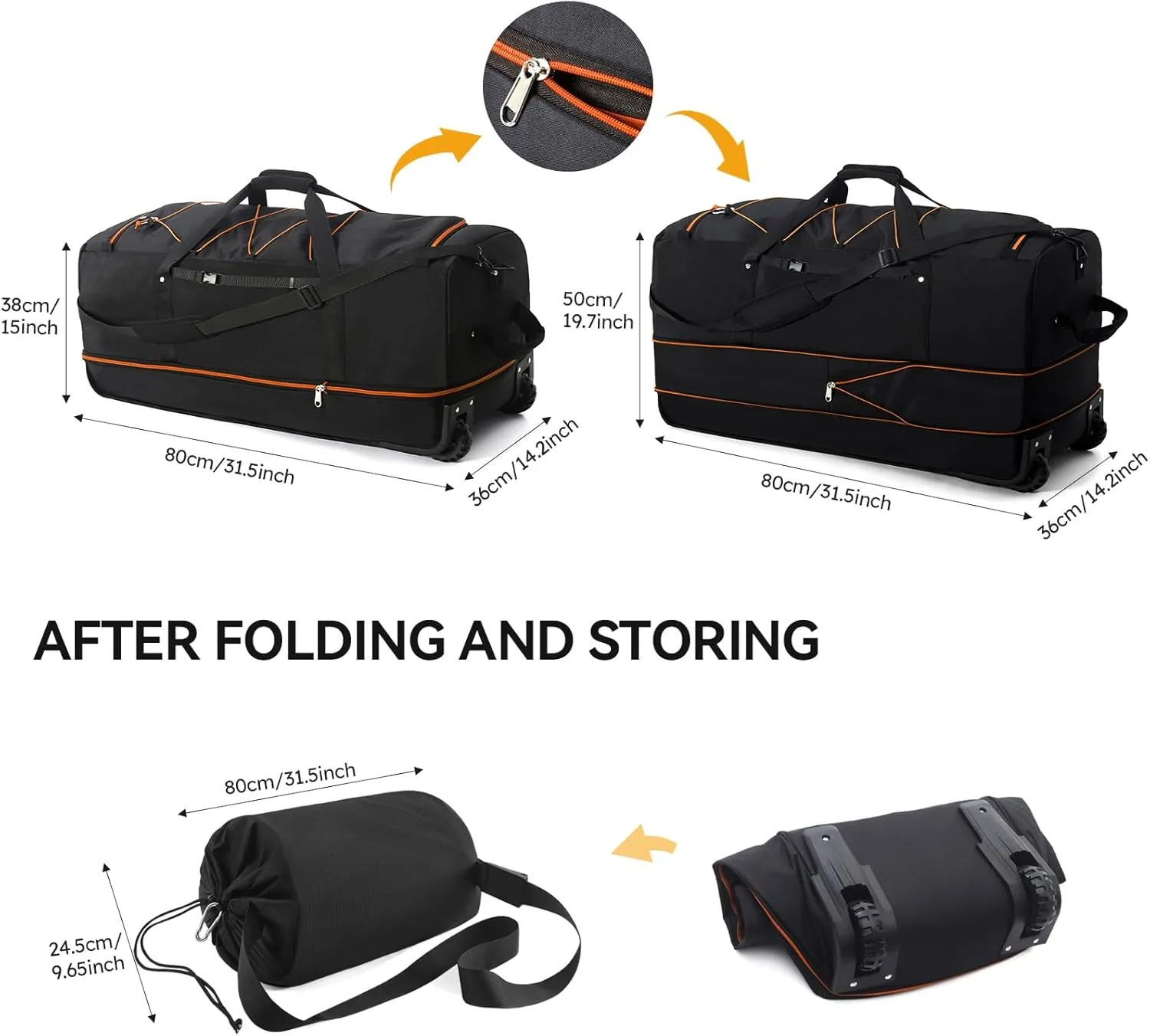 CONTAIL 32" Soft-Sided Rolling Duffle Bag with 2 Wheels,Expandable from 110L to 140L,Foldable Travel Duffel with Multiple Compartments,Black-orange