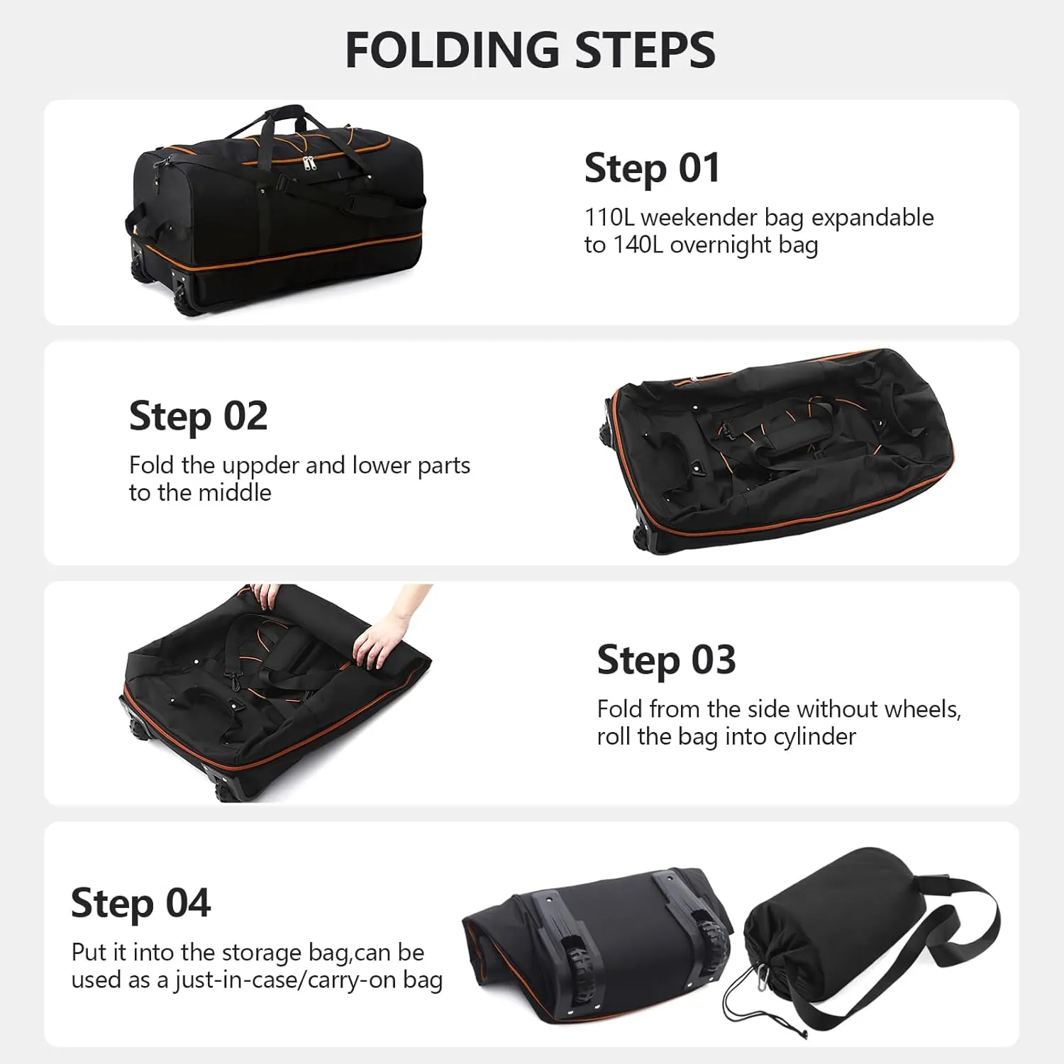 CONTAIL 32" Soft-Sided Rolling Duffle Bag with 2 Wheels,Expandable from 110L to 140L,Foldable Travel Duffel with Multiple Compartments,Black-orange
