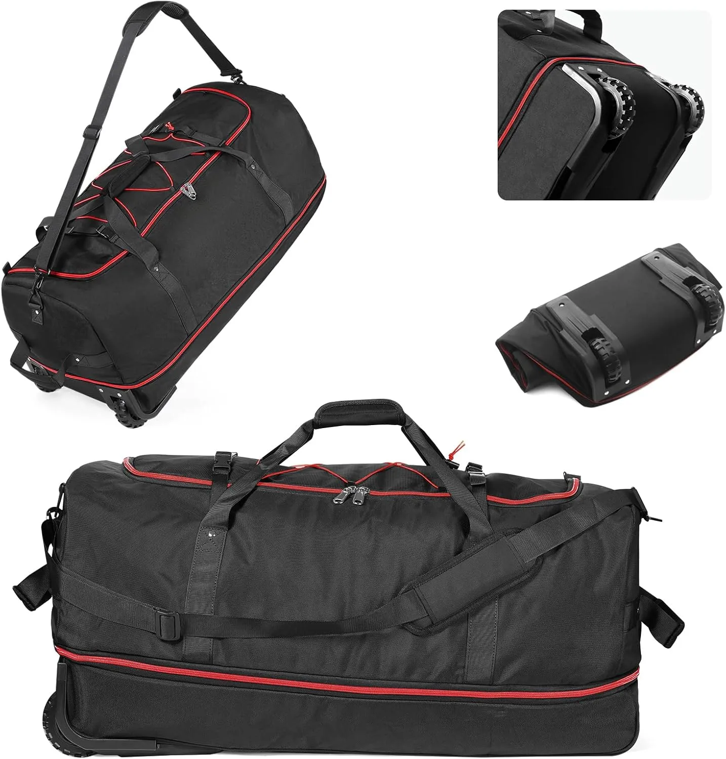 CONTAIL 32" Soft-Sided Rolling Duffle Bag with 2 Wheels,Expandable from 110L to 140L,Foldable Travel Duffel with Multiple Compartments,Black-red