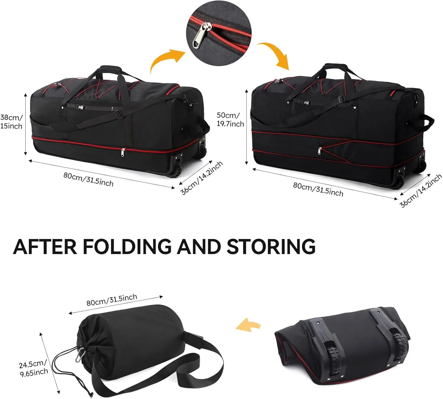 CONTAIL 32" Soft-Sided Rolling Duffle Bag with 2 Wheels,Expandable from 110L to 140L,Foldable Travel Duffel with Multiple Compartments,Black-red