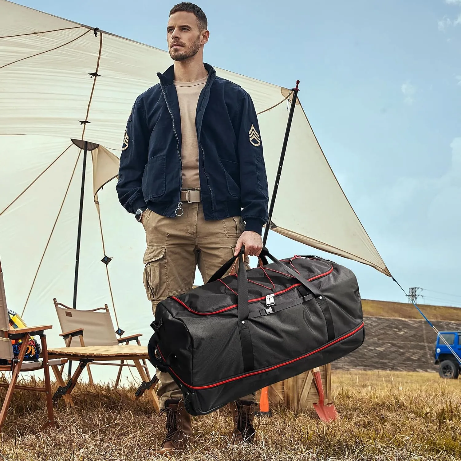 CONTAIL 32" Soft-Sided Rolling Duffle Bag with 2 Wheels,Expandable from 110L to 140L,Foldable Travel Duffel with Multiple Compartments,Black-red