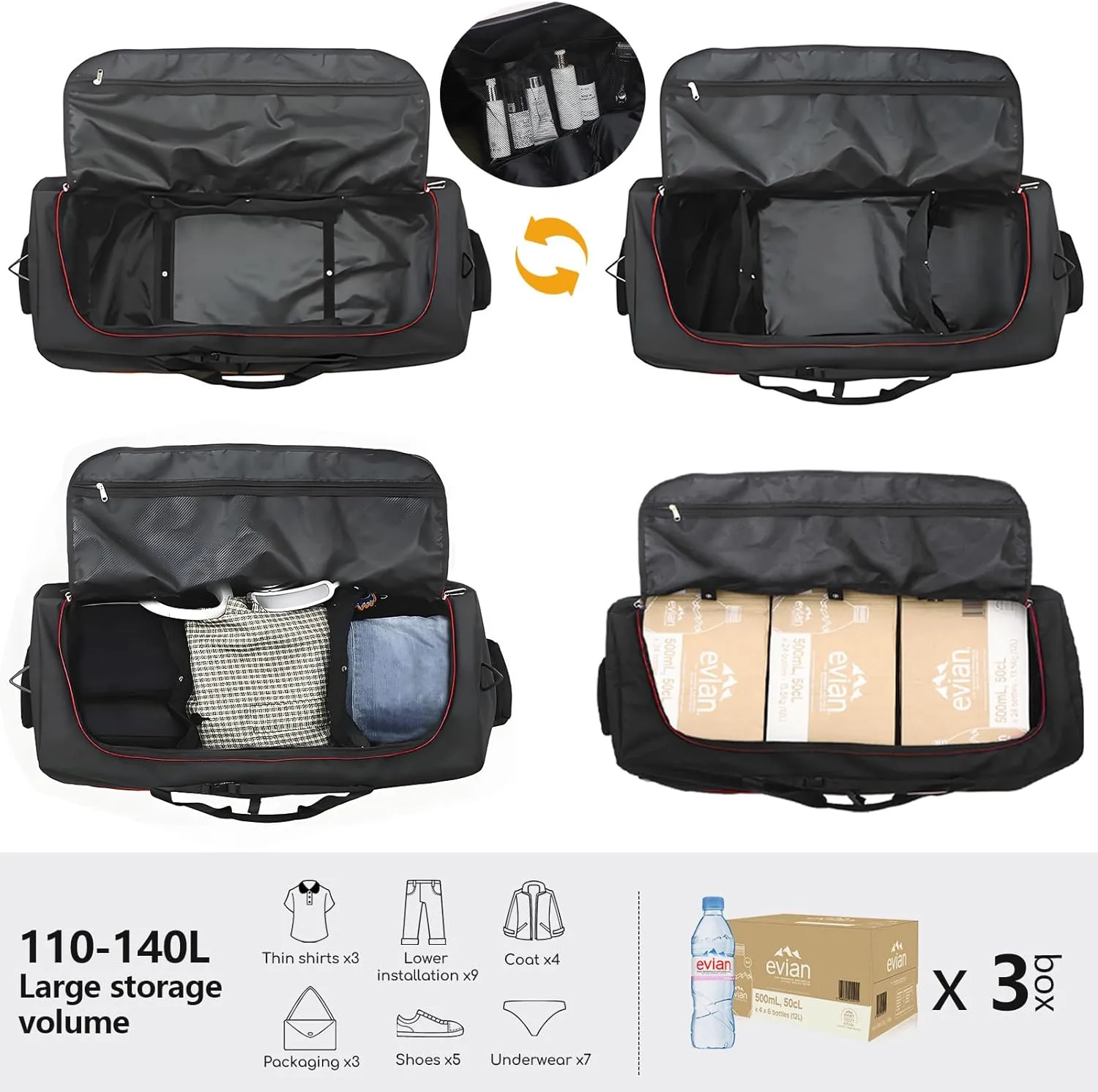 CONTAIL 32" Soft-Sided Rolling Duffle Bag with 2 Wheels,Expandable from 110L to 140L,Foldable Travel Duffel with Multiple Compartments,Black-red