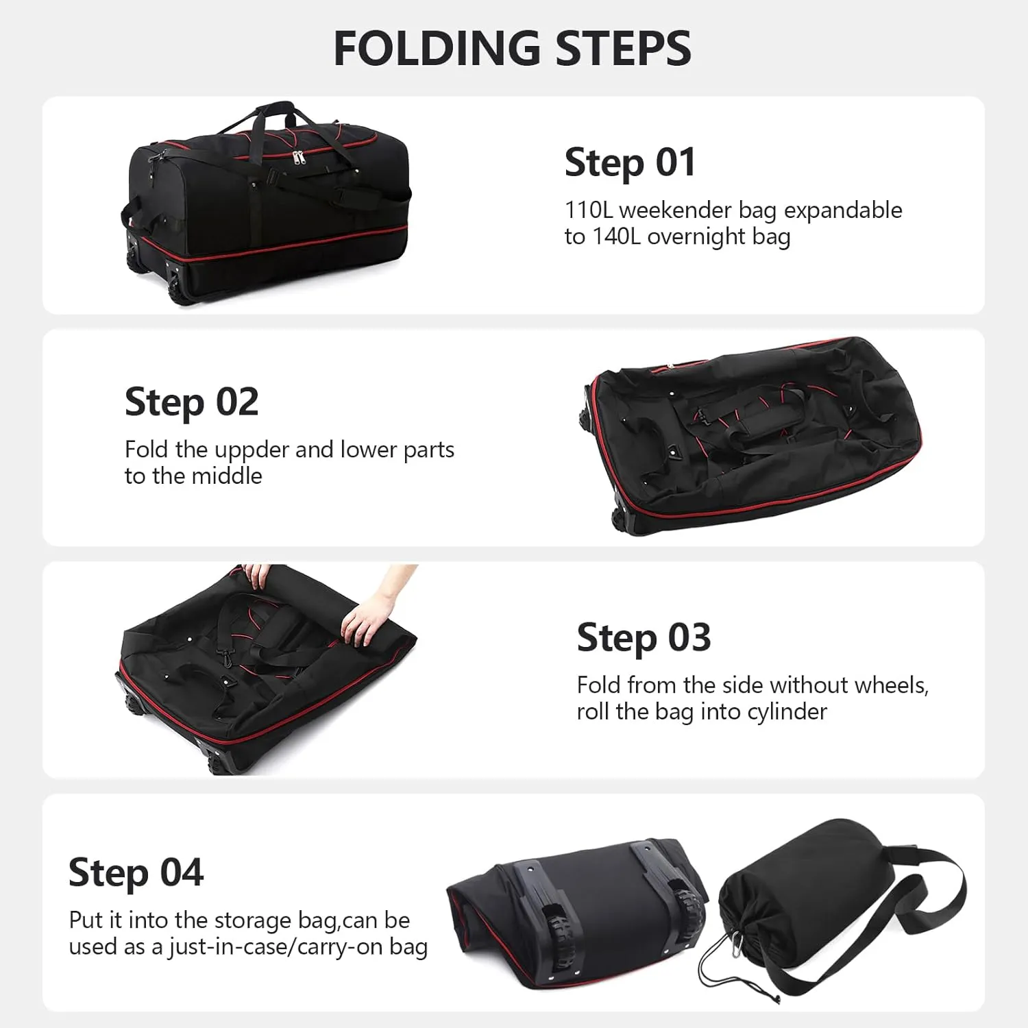 CONTAIL 32" Soft-Sided Rolling Duffle Bag with 2 Wheels,Expandable from 110L to 140L,Foldable Travel Duffel with Multiple Compartments,Black-red