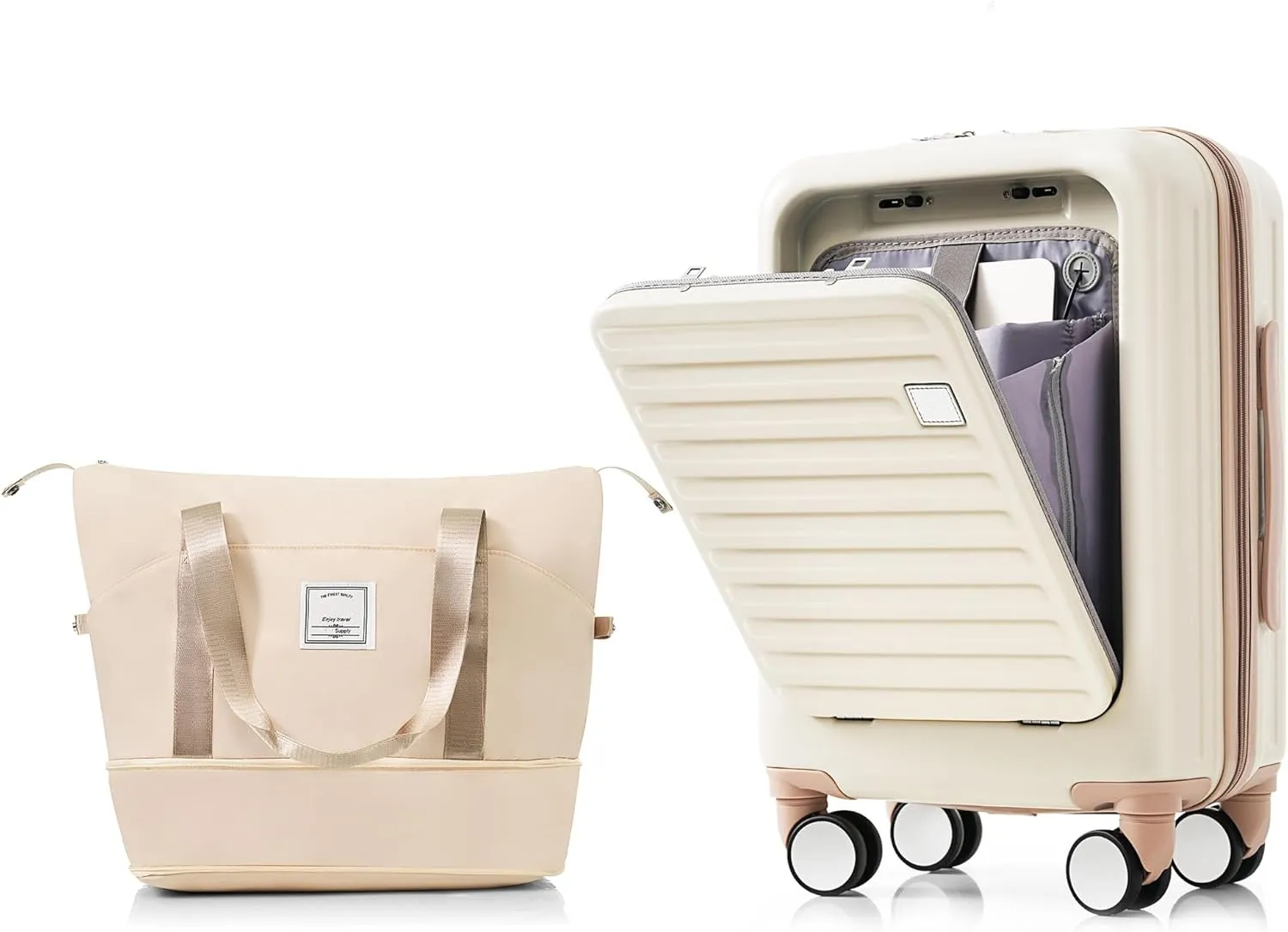 Convenient Two-Piece Travel Set with USB Port and Expandable Bag, 20-Inch Carry-On Luggage and Travel Bag, Ivory and Golden