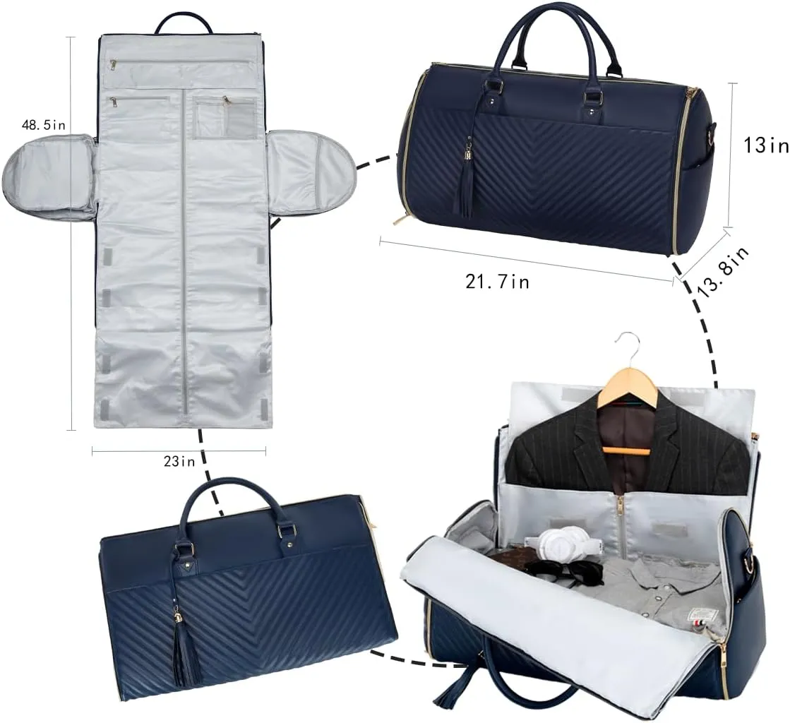 Convertible Carry On Garment Bag - Waterproof PVC Leather with Shoe & Cosmetic Compartments, 47" Wrinkle-Free Hanging System for Business Travel/Weddings, Extended Base Design （Darkblue）