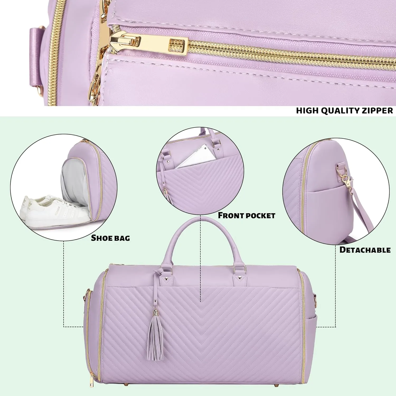 Convertible Carry On Garment Bag - Waterproof PVC Leather with Shoe & Cosmetic Compartments, 47" Wrinkle-Free Hanging System for Business Travel/Weddings, Extended Base Design (Purple)