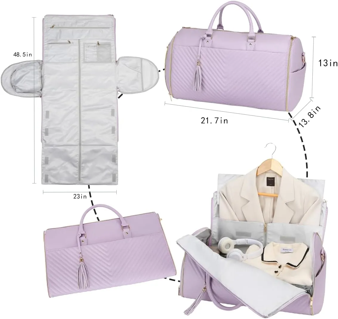Convertible Carry On Garment Bag - Waterproof PVC Leather with Shoe & Cosmetic Compartments, 47" Wrinkle-Free Hanging System for Business Travel/Weddings, Extended Base Design (Purple)