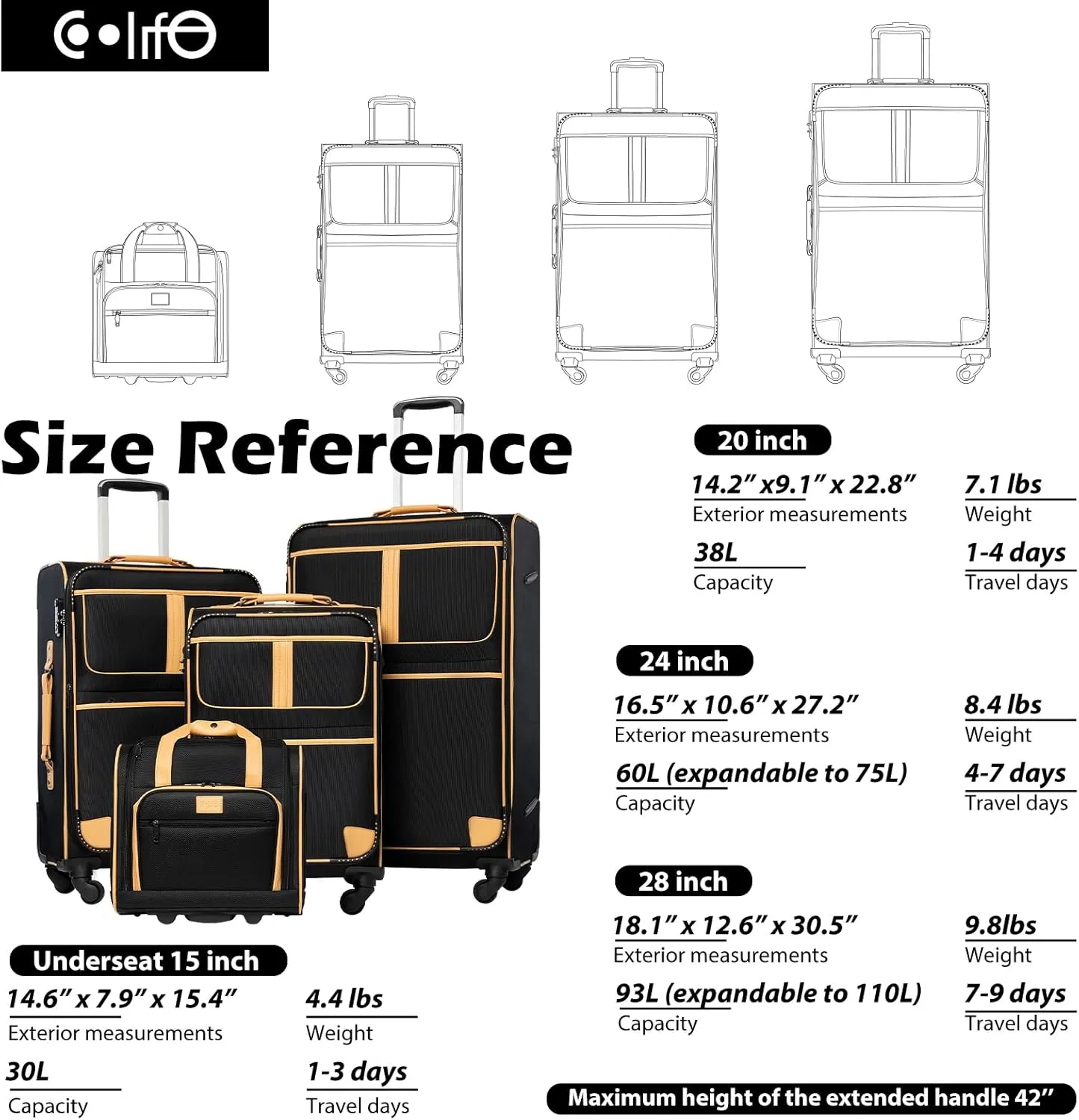 Coolife Luggage 4 Piece Set Suitcase Expandable TSA lock spinner softshell