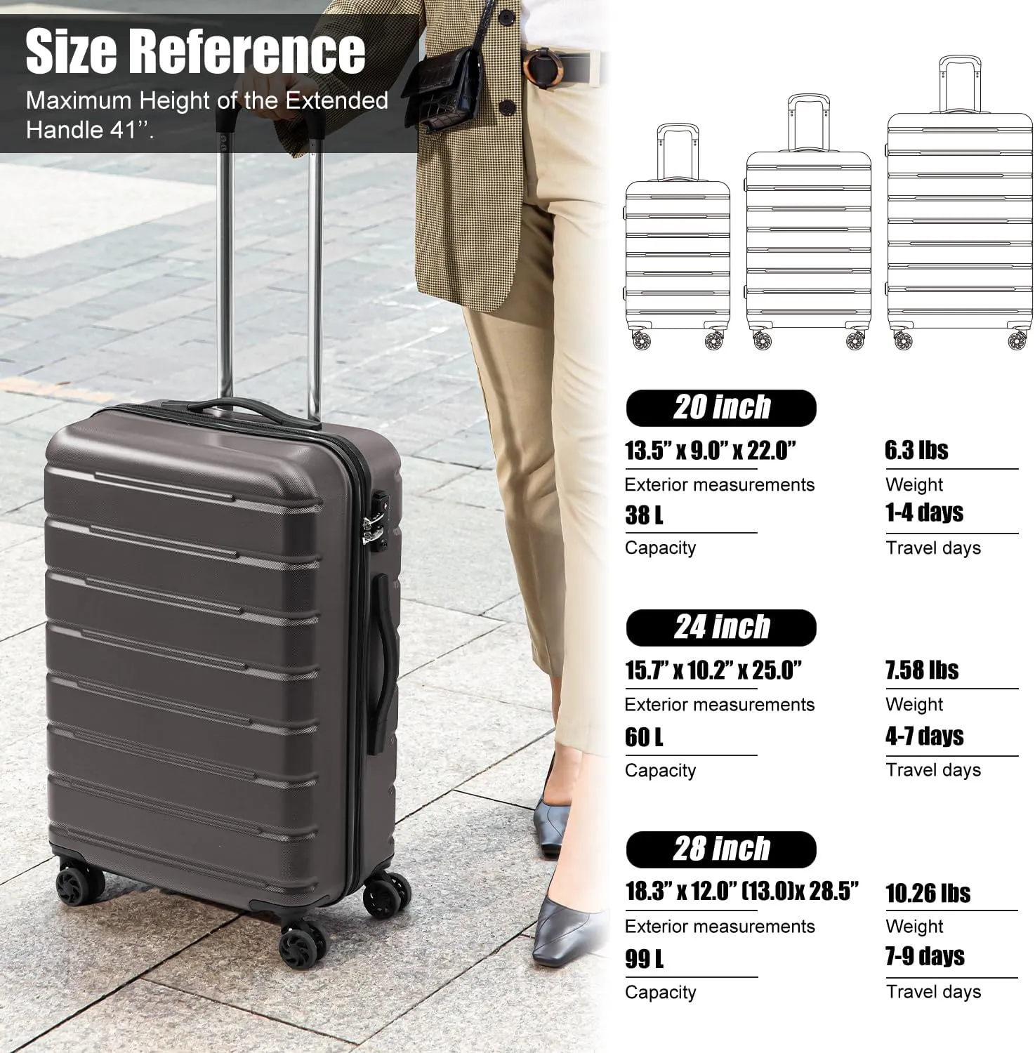 Coolife Luggage Suitcase Carry-on Spinner TSA Lock USB Port Expandable (only 28’’) Lightweight Hardside Luggage (Gray, 3 piece set)