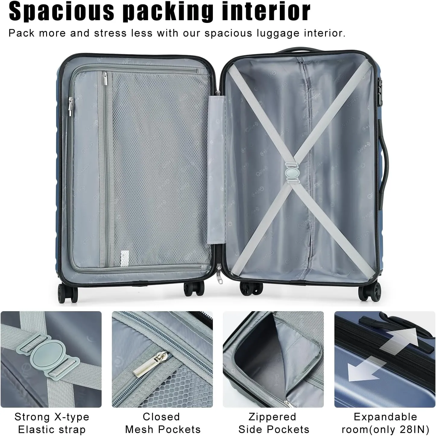 Coolife Luggage Suitcase Carry-on Spinner TSA Lock USB Port Expandable (only 28’’) Lightweight Hardside Luggage (Gray, 3 piece set)