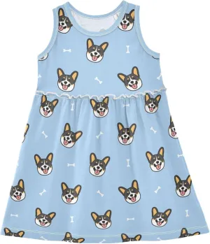 Corgi Tricolor Dog Cartoon Girls Dresses Casual Toddler Summer Dresses Outfits for Little Kids 2T-8Y