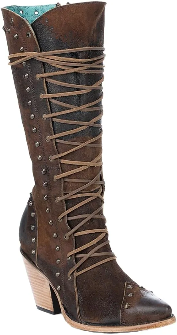 CORRAL LADIE'S BROWN LACE UP & STUDS & ZIPPER WIDE CALF POINTED TOE, LEATHER SOLE, COWHIDE LEATHER, URBAN BOOT, Z5321
