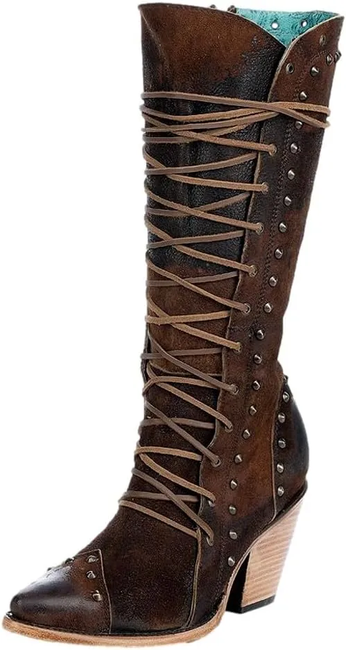CORRAL LADIE'S BROWN LACE UP & STUDS & ZIPPER WIDE CALF POINTED TOE, LEATHER SOLE, COWHIDE LEATHER, URBAN BOOT, Z5321