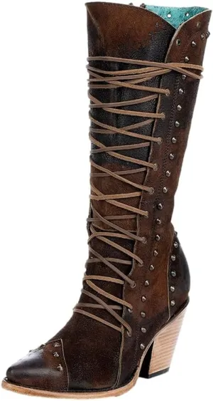 CORRAL LADIE'S BROWN LACE UP & STUDS & ZIPPER WIDE CALF POINTED TOE, LEATHER SOLE, COWHIDE LEATHER, URBAN BOOT, Z5321