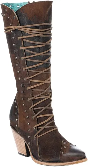 CORRAL LADIE'S BROWN LACE UP & STUDS & ZIPPER WIDE CALF POINTED TOE, LEATHER SOLE, COWHIDE LEATHER, URBAN BOOT, Z5321