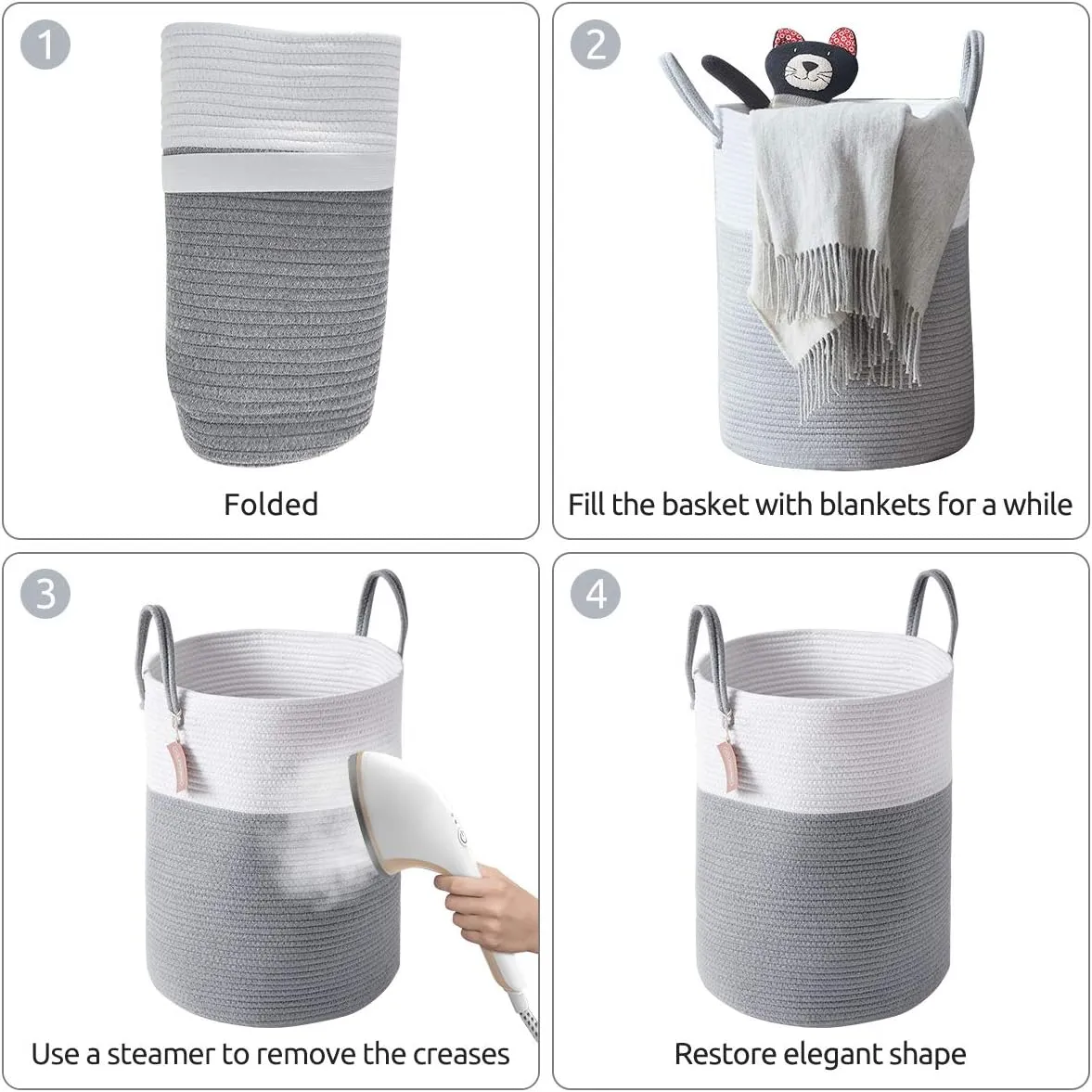 Cotton Rope Laundry Hamper by YOUDENOVA, 58L - Woven Collapsible Laundry Basket - Clothes Storage Basket for Blankets, Laundry Room Organizing, Bedroom Storage, Clothes Hamper – Grey