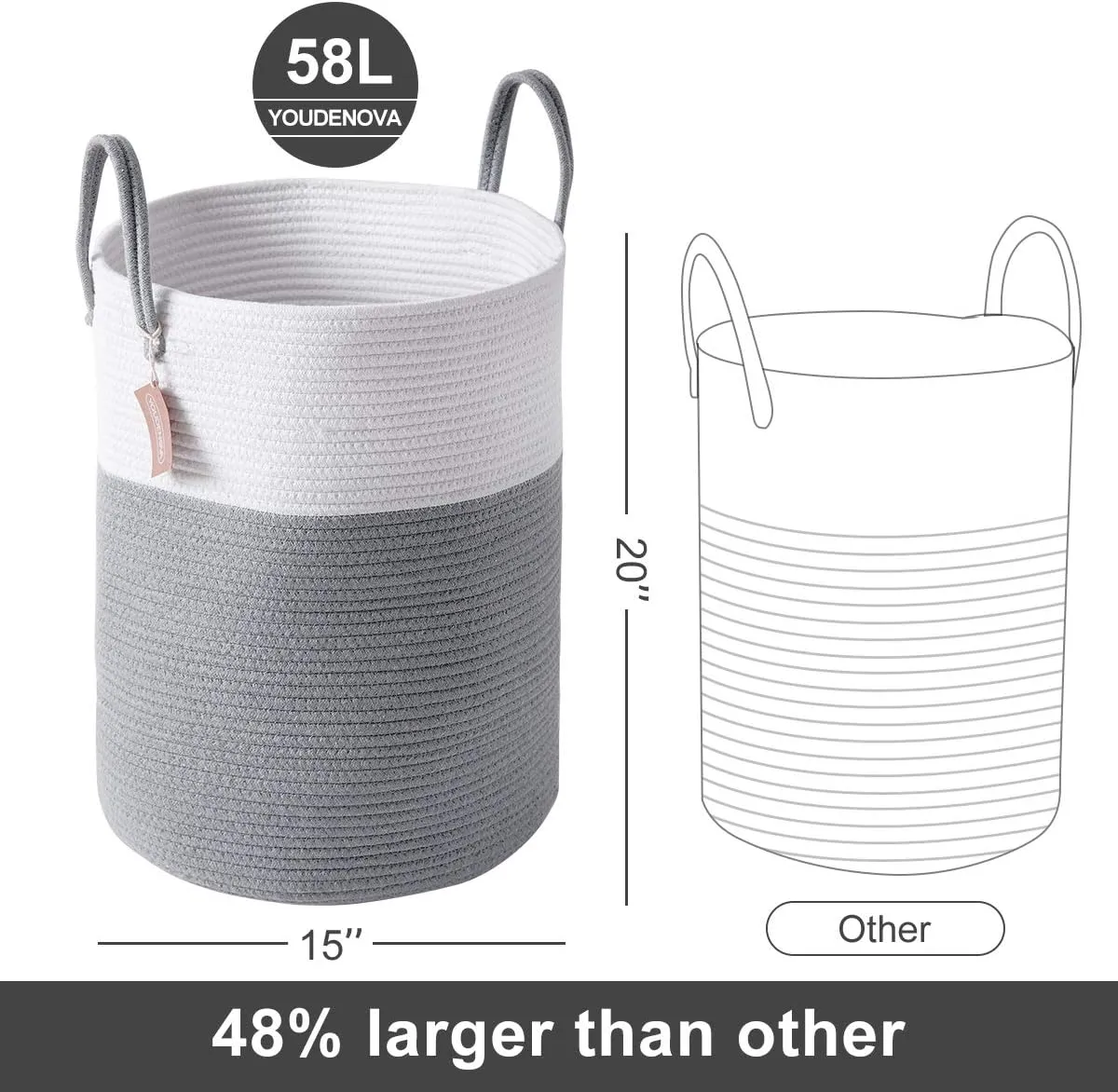 Cotton Rope Laundry Hamper by YOUDENOVA, 58L - Woven Collapsible Laundry Basket - Clothes Storage Basket for Blankets, Laundry Room Organizing, Bedroom Storage, Clothes Hamper – Grey