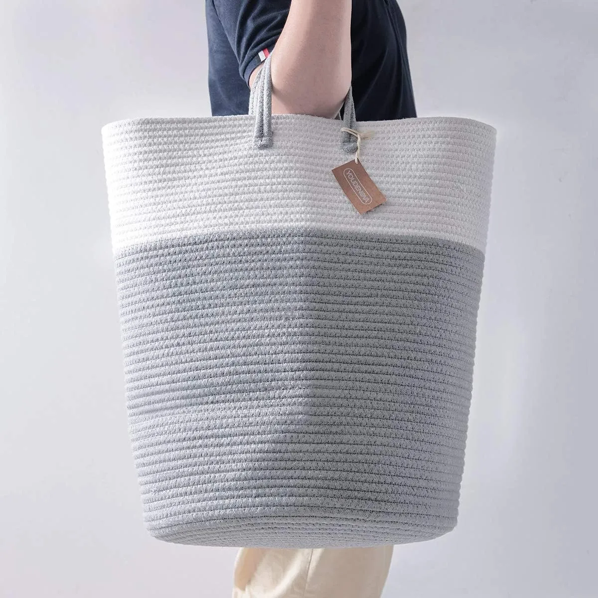 Cotton Rope Laundry Hamper by YOUDENOVA, 58L - Woven Collapsible Laundry Basket - Clothes Storage Basket for Blankets, Laundry Room Organizing, Bedroom Storage, Clothes Hamper – Grey