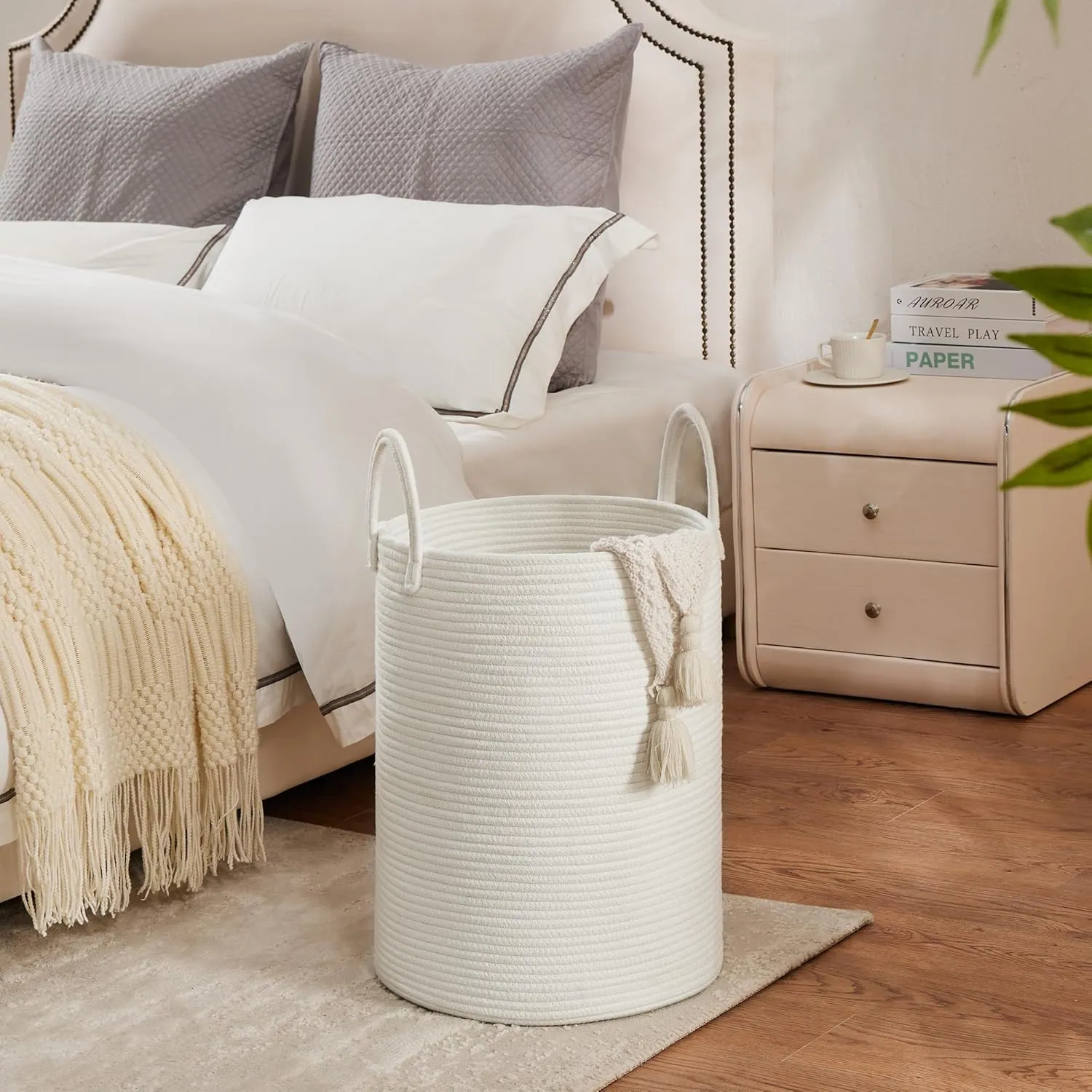 Cotton Rope Laundry Hamper by YOUDENOVA, 58L - Woven Collapsible Laundry Basket - Clothes Storage Basket for Blankets, Laundry Room Organizing, Bedroom Storage, Clothes Hamper – White