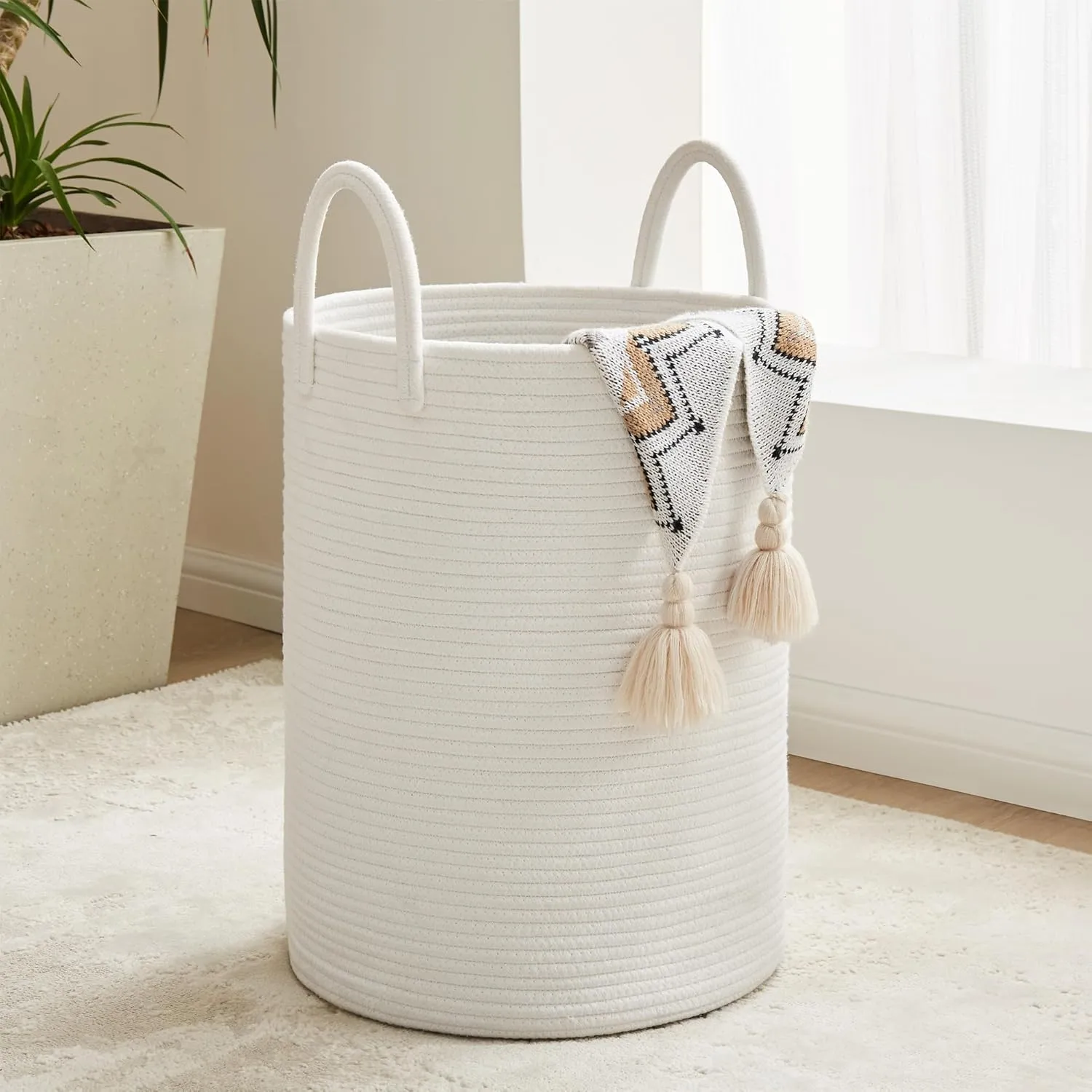 Cotton Rope Laundry Hamper by YOUDENOVA, 58L - Woven Collapsible Laundry Basket - Clothes Storage Basket for Blankets, Laundry Room Organizing, Bedroom Storage, Clothes Hamper – White
