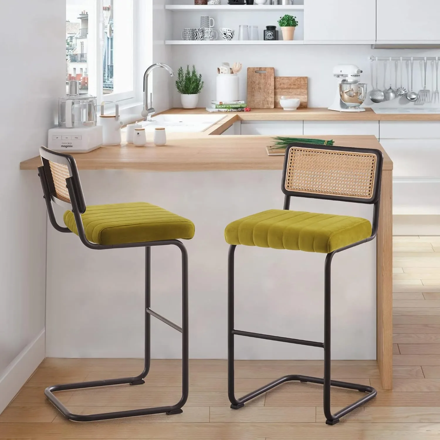 Counter Height Bar Stools Set of 2, 26" Rattan Counter Stool Velvet Upholstered Barstool with Cane Back & Metal Frame, Mid Century Modern Bar Chair Kitchen Stool for Counter Island (Olive Green)