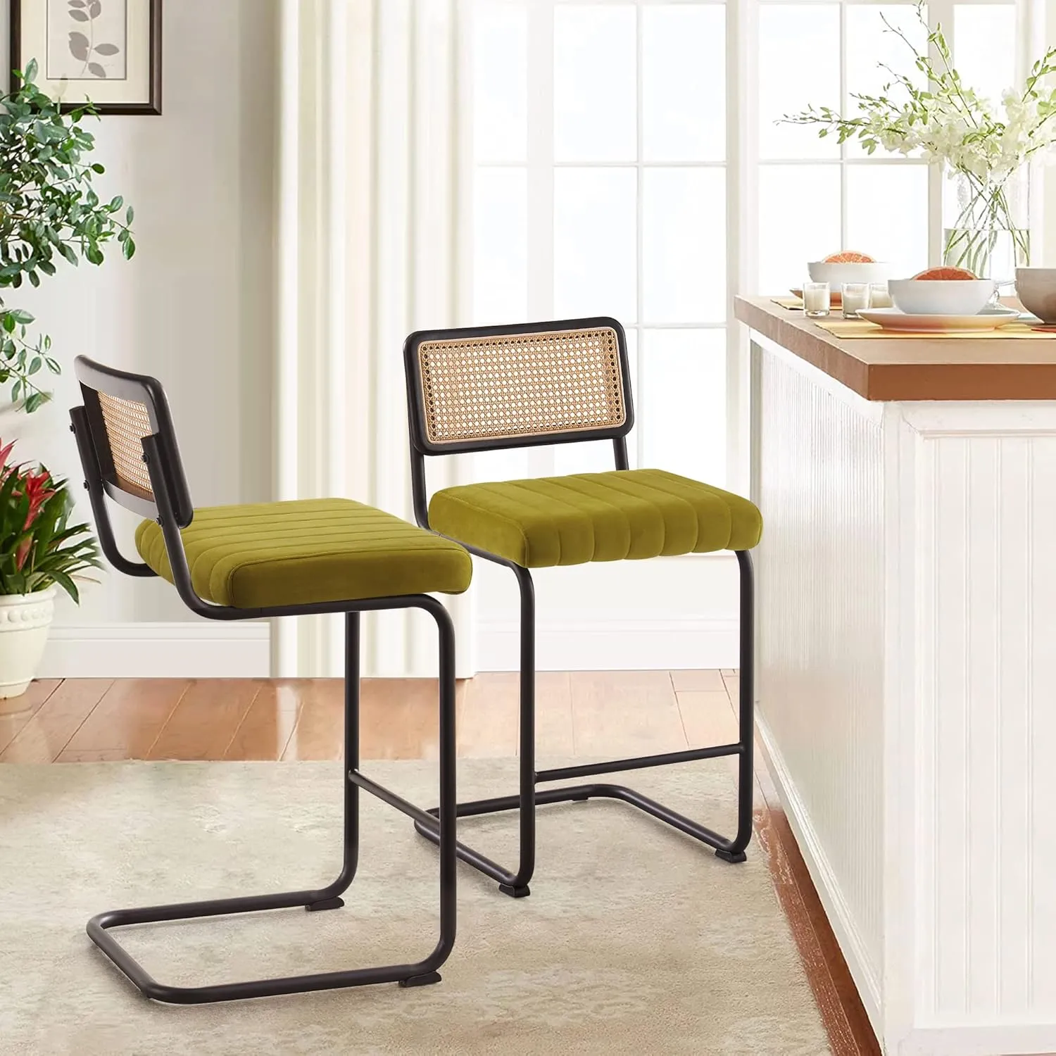 Counter Height Bar Stools Set of 2, 26" Rattan Counter Stool Velvet Upholstered Barstool with Cane Back & Metal Frame, Mid Century Modern Bar Chair Kitchen Stool for Counter Island (Olive Green)