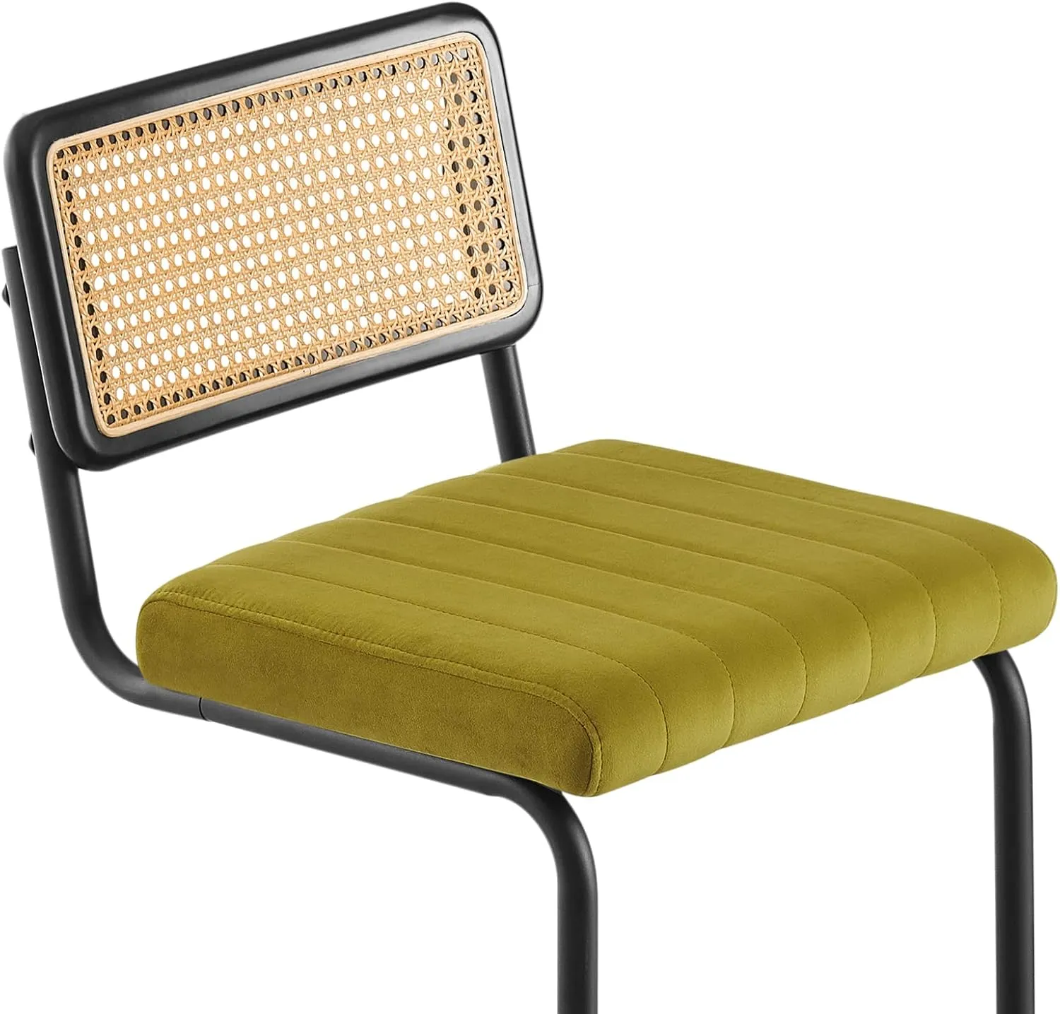 Counter Height Bar Stools Set of 2, 26" Rattan Counter Stool Velvet Upholstered Barstool with Cane Back & Metal Frame, Mid Century Modern Bar Chair Kitchen Stool for Counter Island (Olive Green)