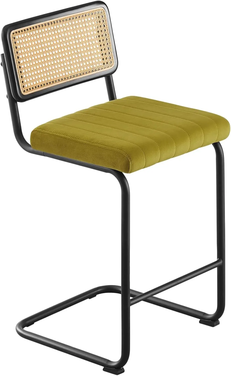 Counter Height Bar Stools Set of 2, 26" Rattan Counter Stool Velvet Upholstered Barstool with Cane Back & Metal Frame, Mid Century Modern Bar Chair Kitchen Stool for Counter Island (Olive Green)