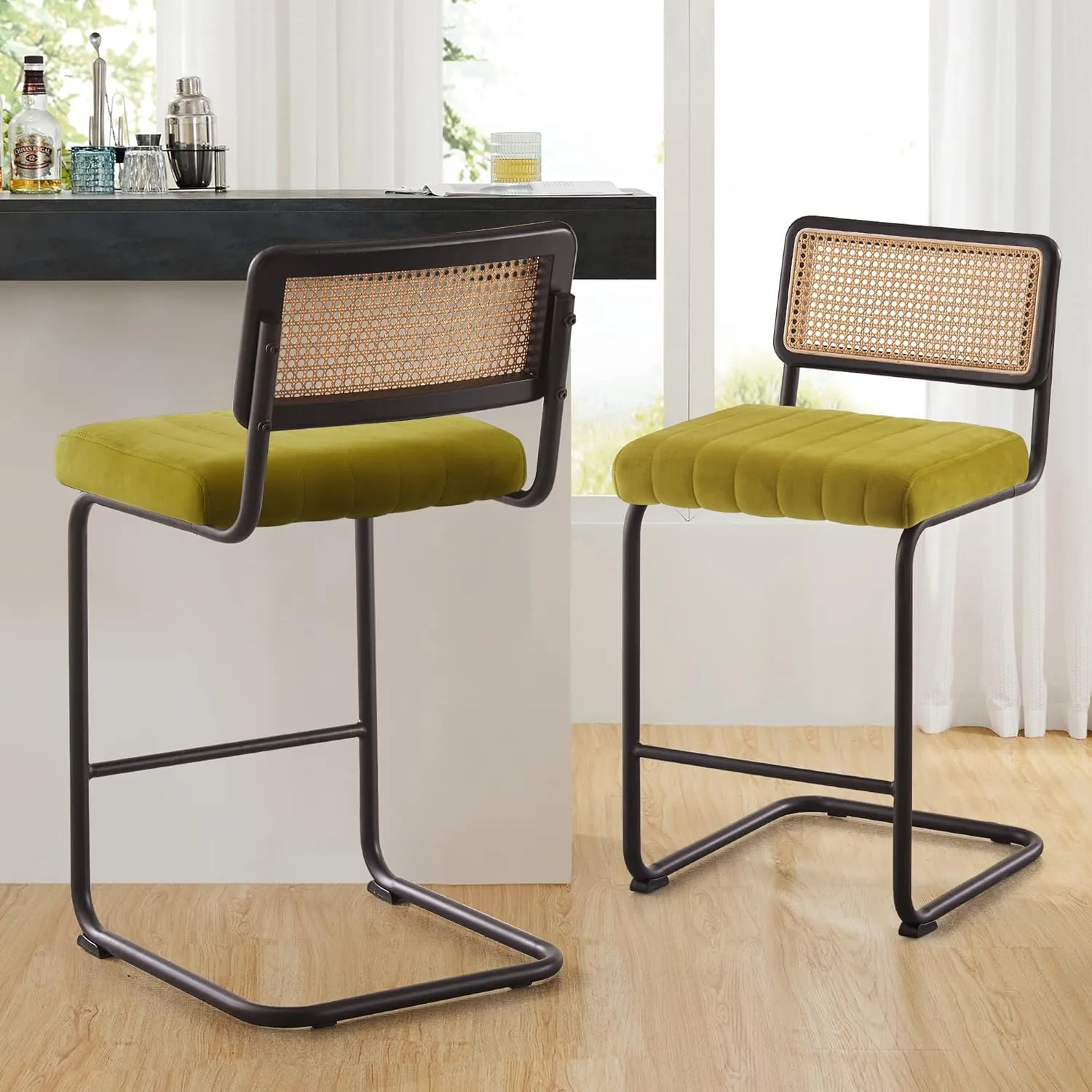 Counter Height Bar Stools Set of 2, 26" Rattan Counter Stool Velvet Upholstered Barstool with Cane Back & Metal Frame, Mid Century Modern Bar Chair Kitchen Stool for Counter Island (Olive Green)