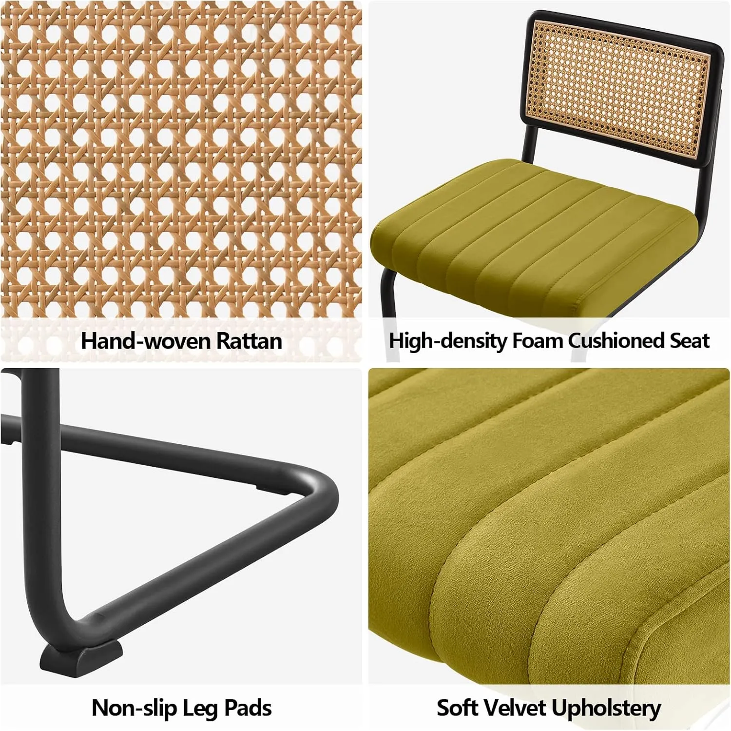 Counter Height Bar Stools Set of 2, 26" Rattan Counter Stool Velvet Upholstered Barstool with Cane Back & Metal Frame, Mid Century Modern Bar Chair Kitchen Stool for Counter Island (Olive Green)