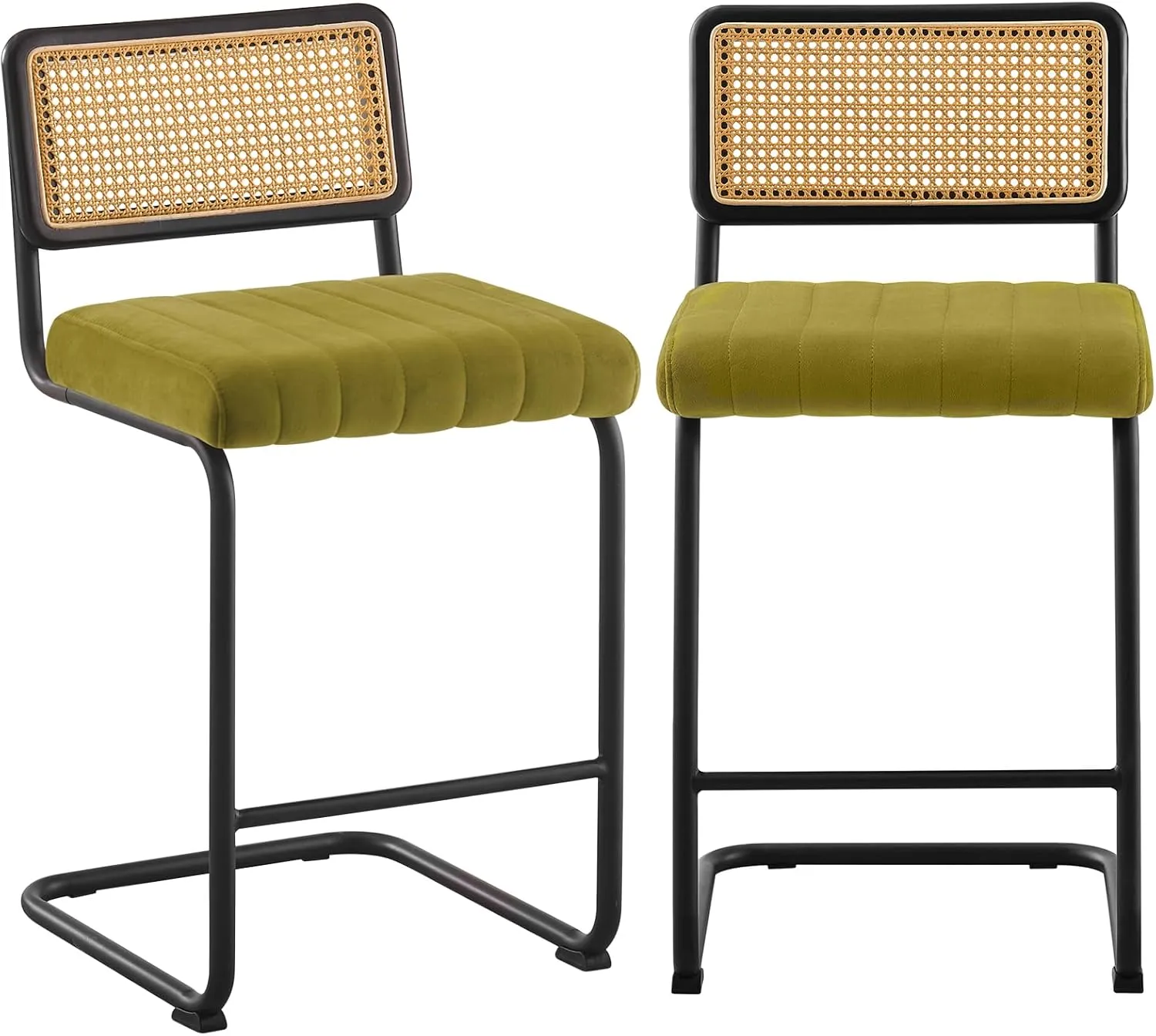 Counter Height Bar Stools Set of 2, 26" Rattan Counter Stool Velvet Upholstered Barstool with Cane Back & Metal Frame, Mid Century Modern Bar Chair Kitchen Stool for Counter Island (Olive Green)