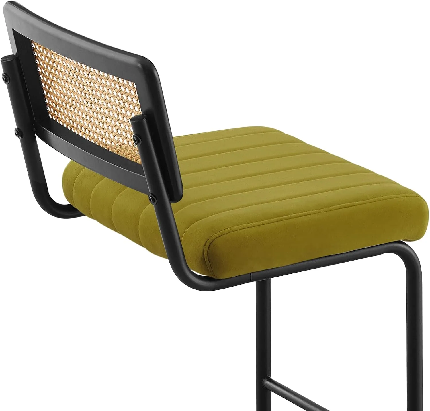 Counter Height Bar Stools Set of 2, 26" Rattan Counter Stool Velvet Upholstered Barstool with Cane Back & Metal Frame, Mid Century Modern Bar Chair Kitchen Stool for Counter Island (Olive Green)
