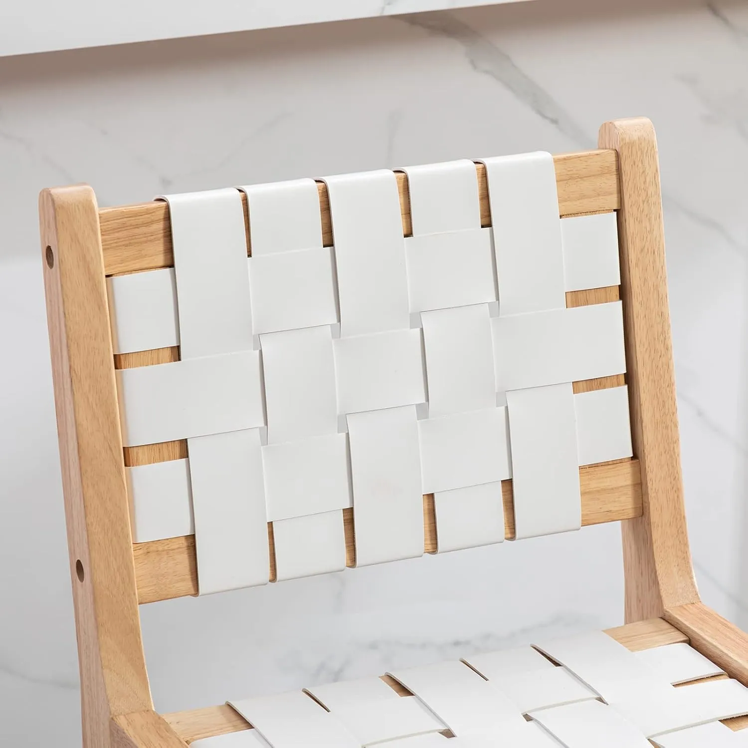 Counter Stools Set of 2 Modern 23.5" Counter Height Barstool with PU Leather Woven Strap Seat & Open back Natural Wood Color Chairs with Footrest for Home Bar/Dining Room/Kitchen Island, White