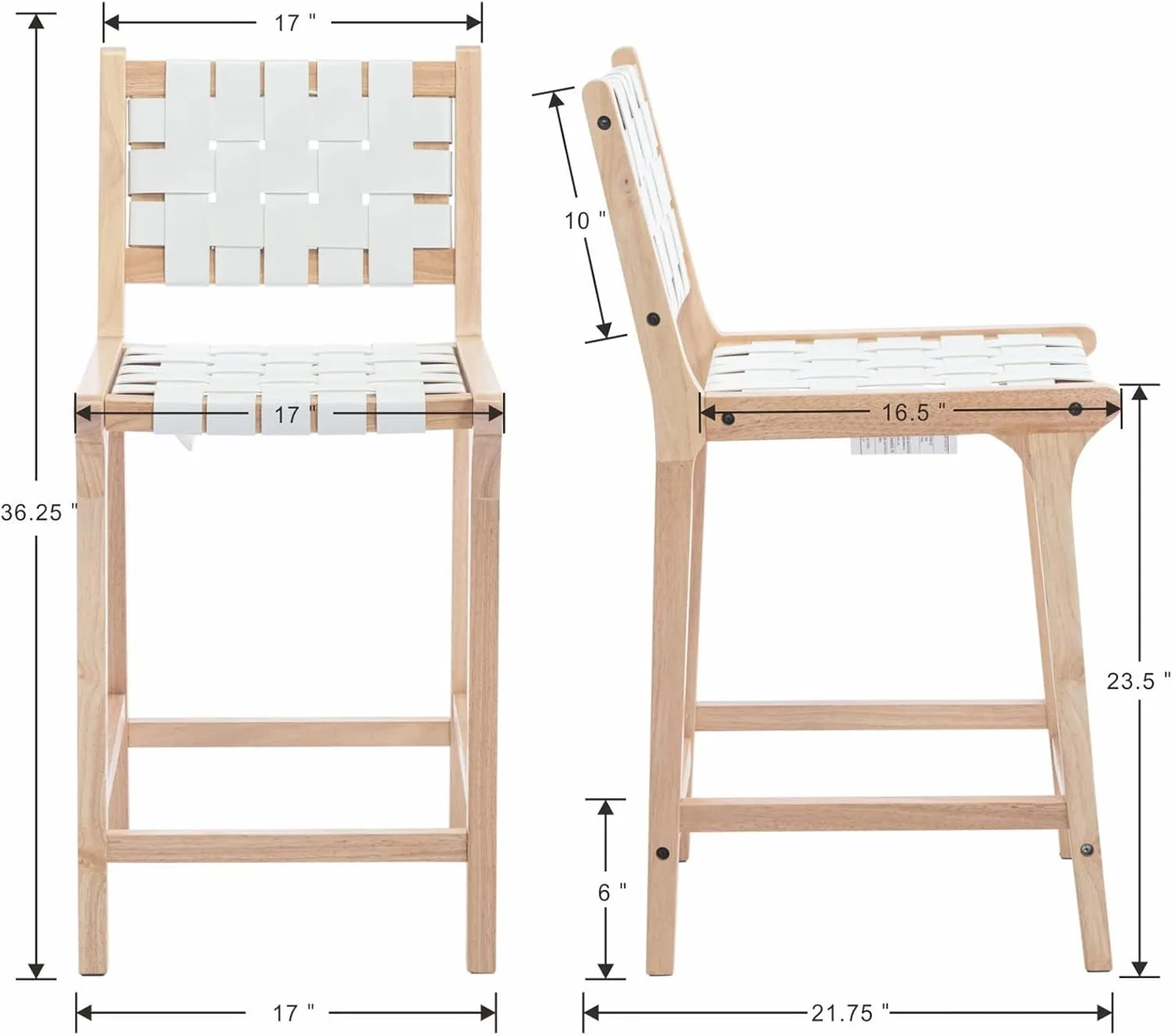 Counter Stools Set of 2 Modern 23.5" Counter Height Barstool with PU Leather Woven Strap Seat & Open back Natural Wood Color Chairs with Footrest for Home Bar/Dining Room/Kitchen Island, White