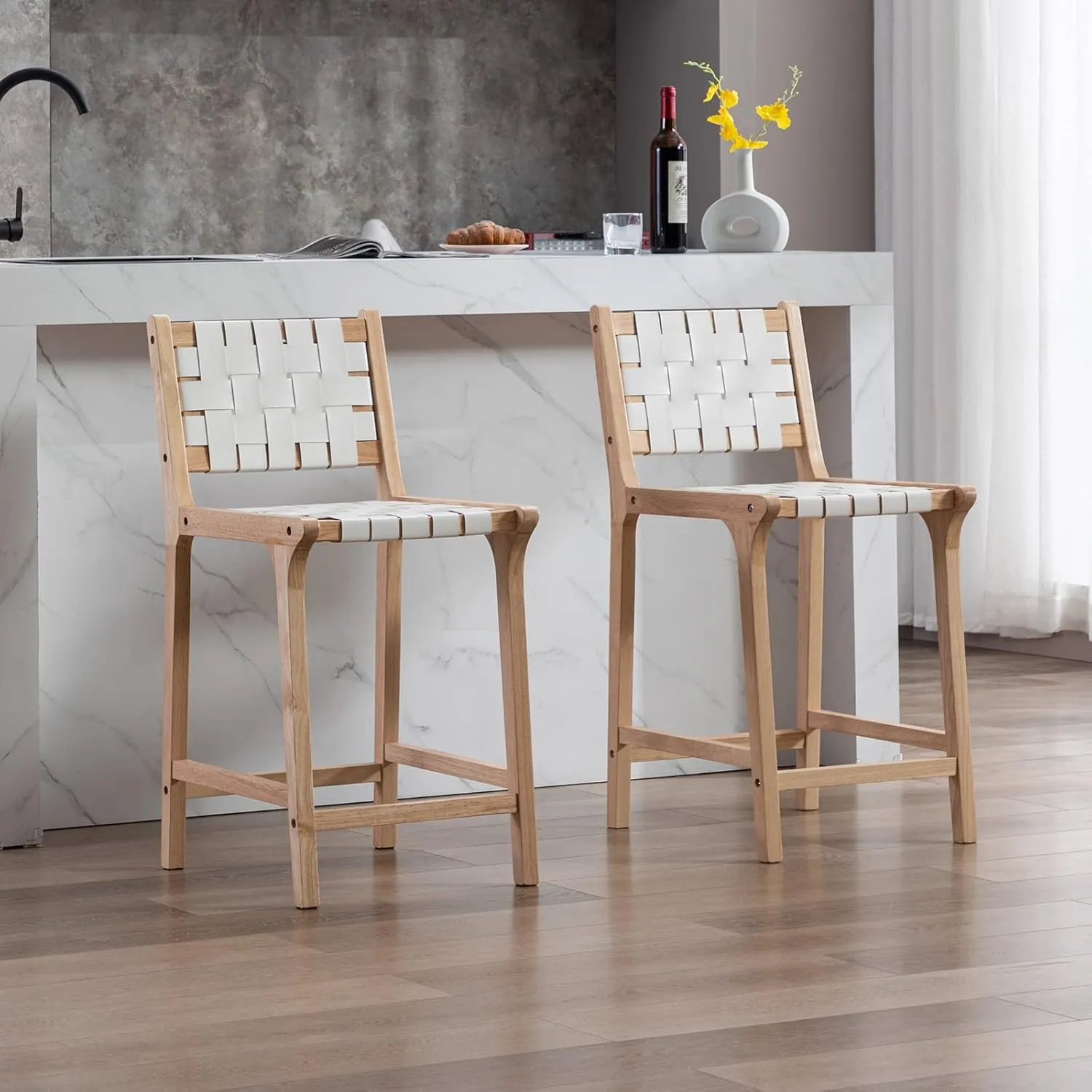 Counter Stools Set of 2 Modern 23.5" Counter Height Barstool with PU Leather Woven Strap Seat & Open back Natural Wood Color Chairs with Footrest for Home Bar/Dining Room/Kitchen Island, White