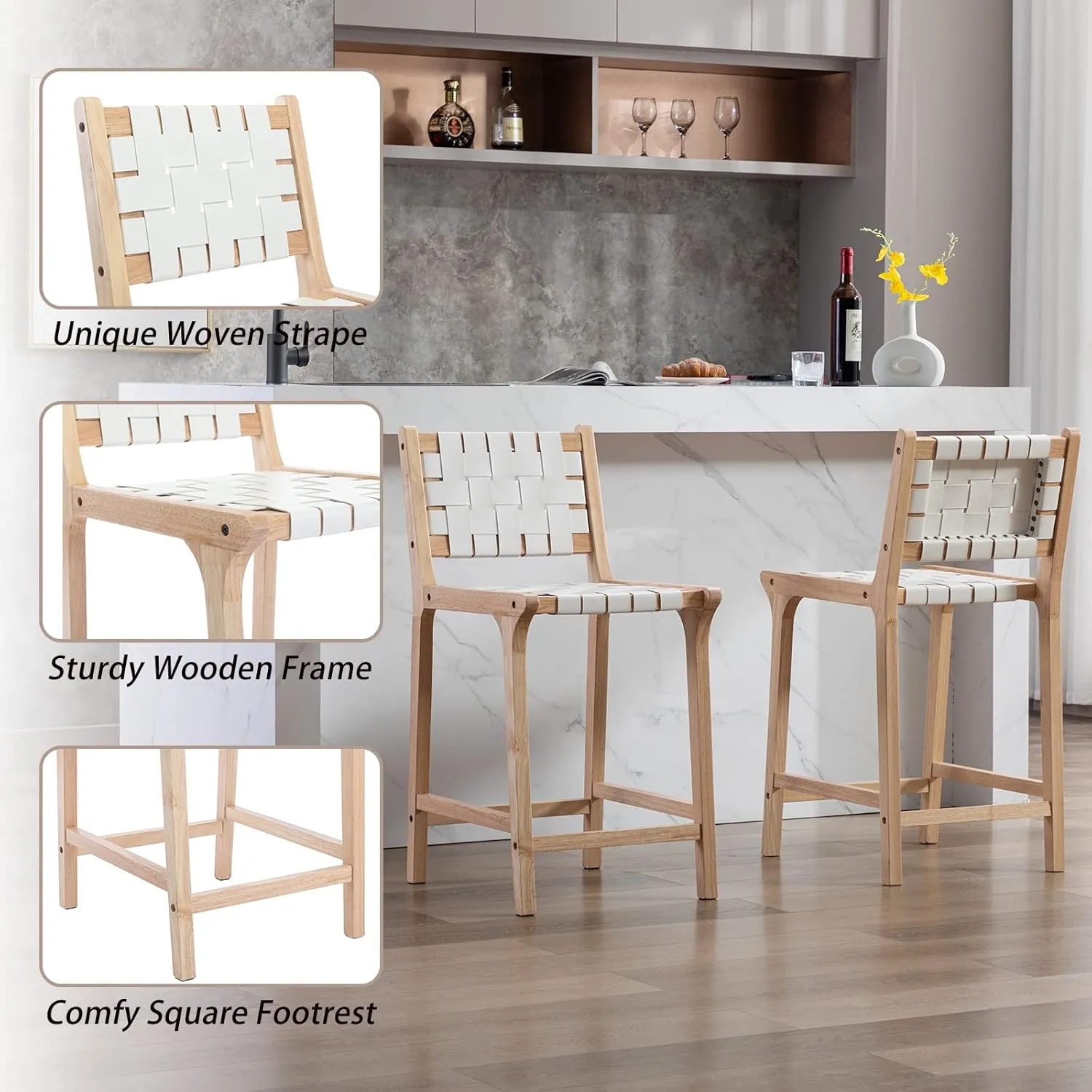 Counter Stools Set of 2 Modern 23.5" Counter Height Barstool with PU Leather Woven Strap Seat & Open back Natural Wood Color Chairs with Footrest for Home Bar/Dining Room/Kitchen Island, White