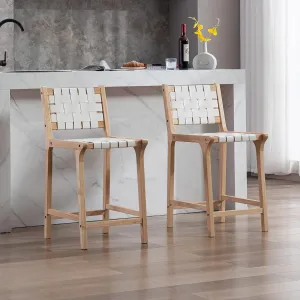 Counter Stools Set of 2 Modern 23.5" Counter Height Barstool with PU Leather Woven Strap Seat & Open back Natural Wood Color Chairs with Footrest for Home Bar/Dining Room/Kitchen Island, White