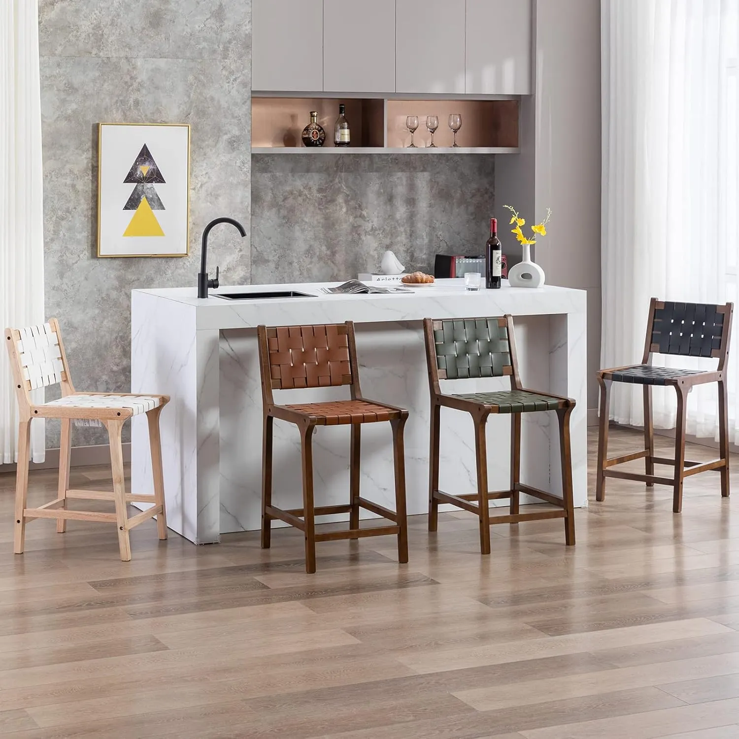Counter Stools Set of 2 Modern 23.5" Counter Height Barstool with PU Leather Woven Strap Seat & Open back Natural Wood Color Chairs with Footrest for Home Bar/Dining Room/Kitchen Island, White
