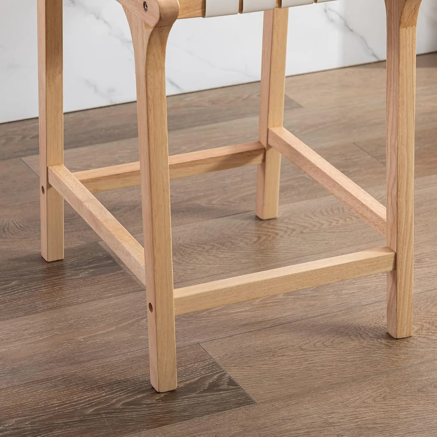 Counter Stools Set of 2 Modern 23.5" Counter Height Barstool with PU Leather Woven Strap Seat & Open back Natural Wood Color Chairs with Footrest for Home Bar/Dining Room/Kitchen Island, White